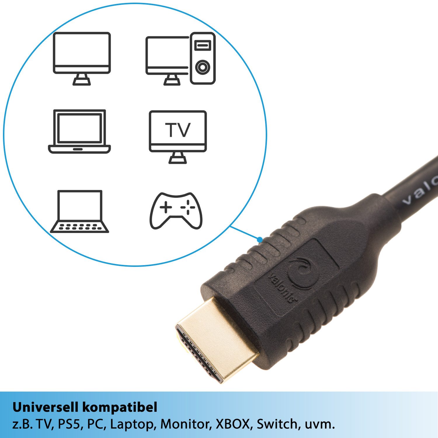 valonic valonic - HDMI Kabel, 1m, Full HD, Ethernet HDMI-Kabel, HDMI Typ A, HDMI Typ A (100 cm), 4k, ARC, UHD, FullHD, Ethernet 1m TV Kabel Monitor PC Laptop Switch