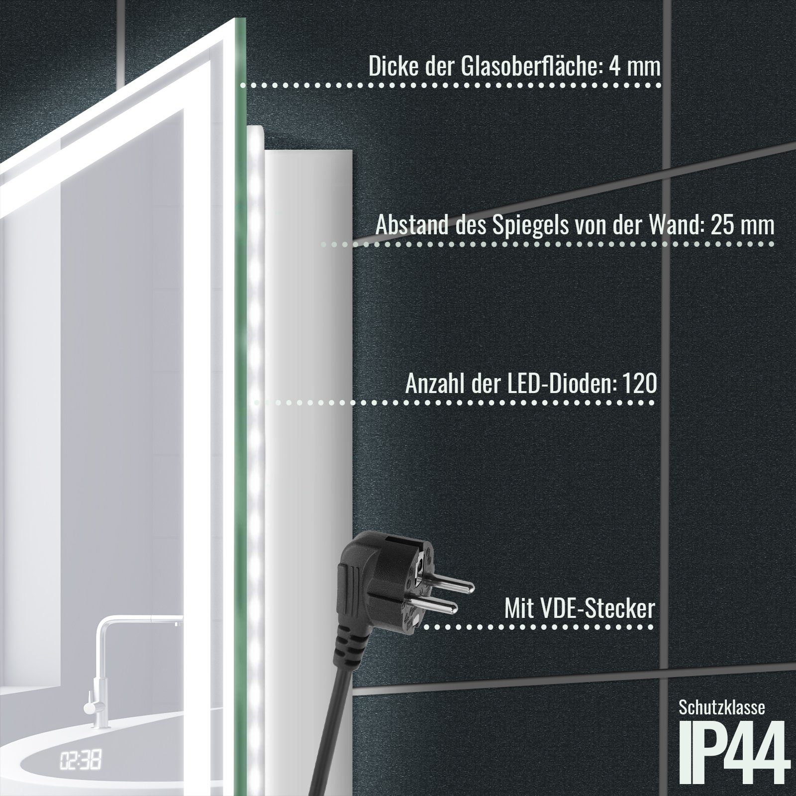Aquamarin Badspiegel - Beschlagfrei, LED Energiesparend, cm 120 Dimmbar, 60 Badspiegel x 3000-7000K