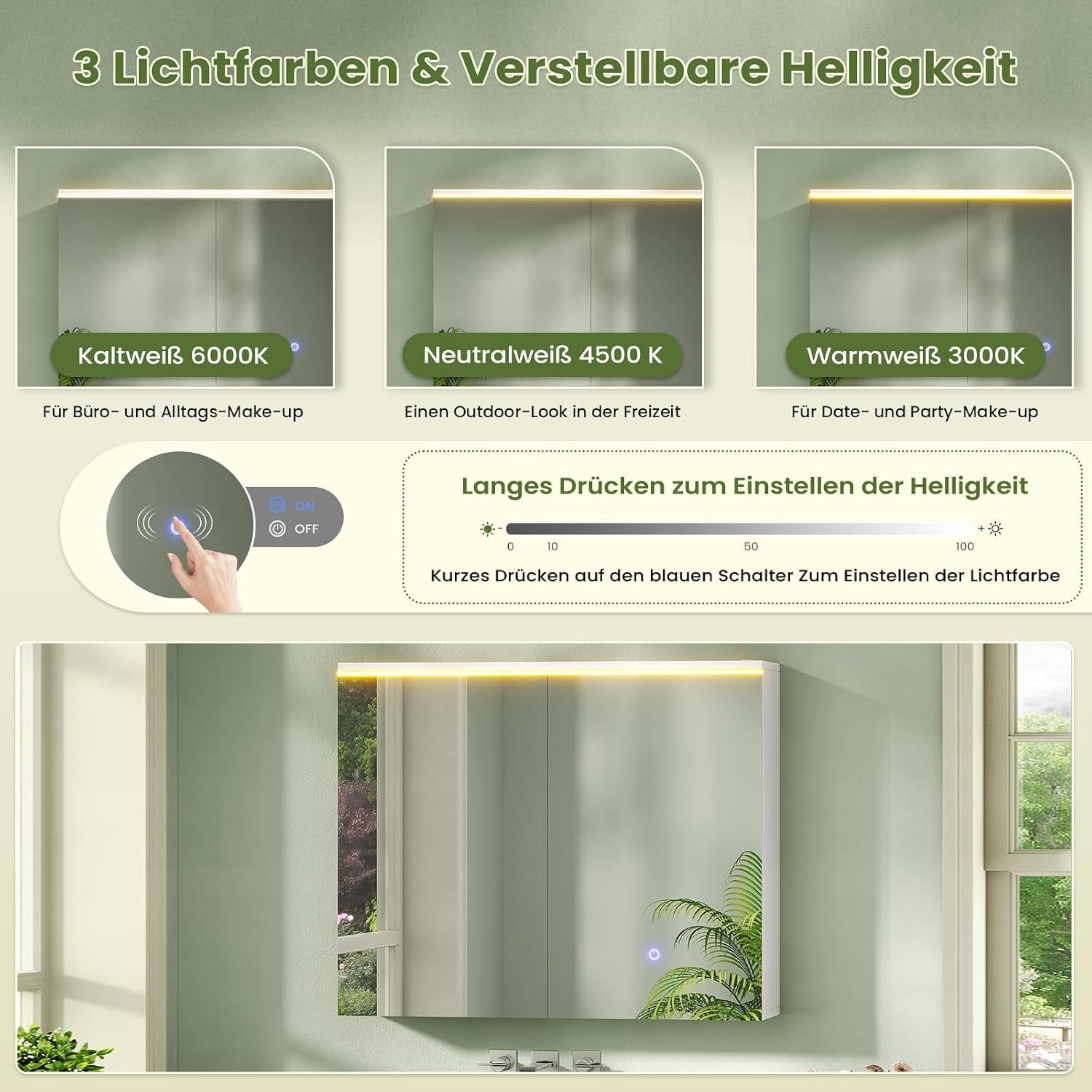 MSMASK Badezimmerspiegelschrank mit LED-Beleuchtung und Steckdose, Lichtschalter, 3 Farbtemperaturen (1-St) 3-stufig höhenverstellbare Ablage – Bild 3 von 5