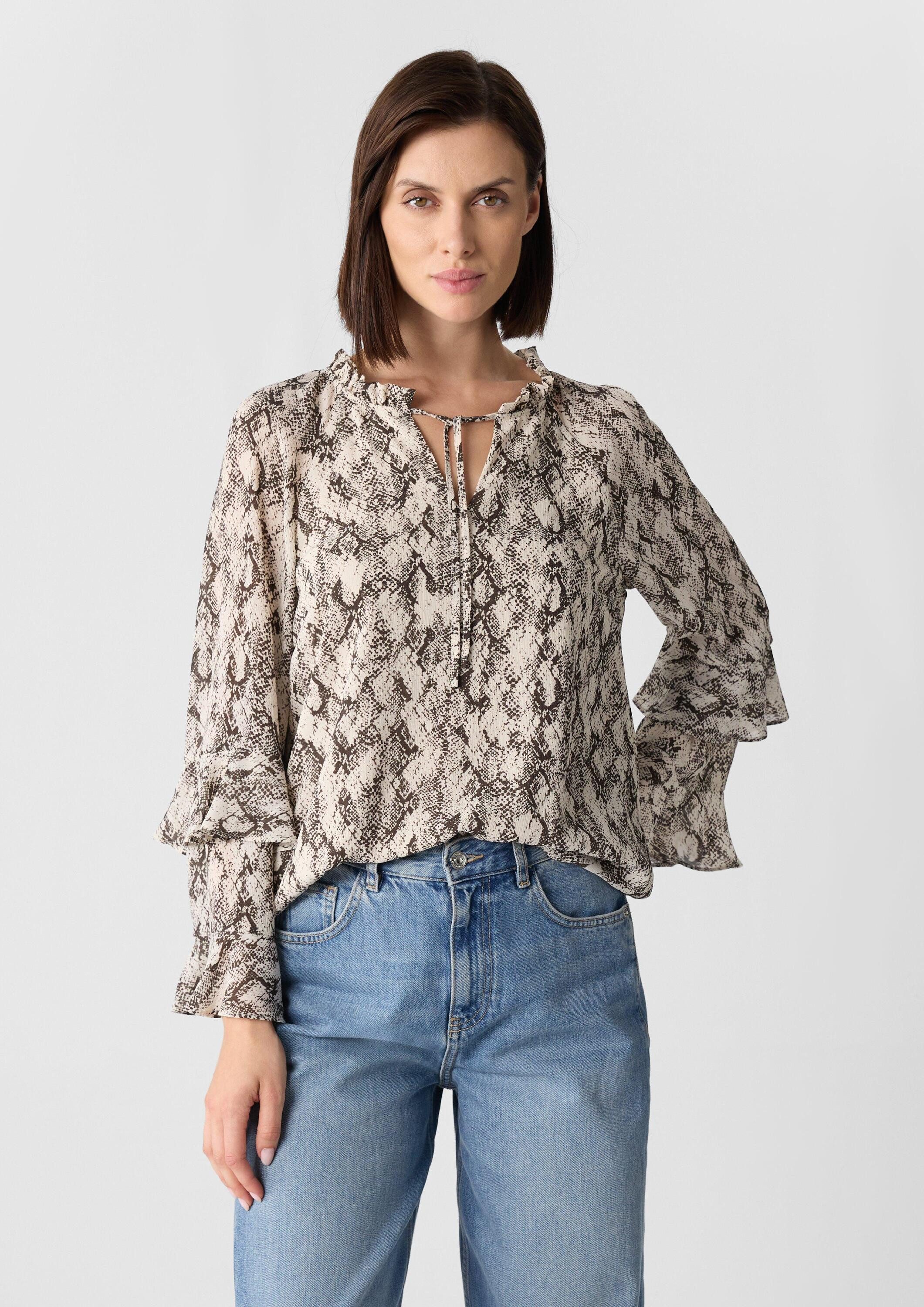 comma Langarmbluse Bluse Bedruckte Chiffonbluse mit femininen Volants
