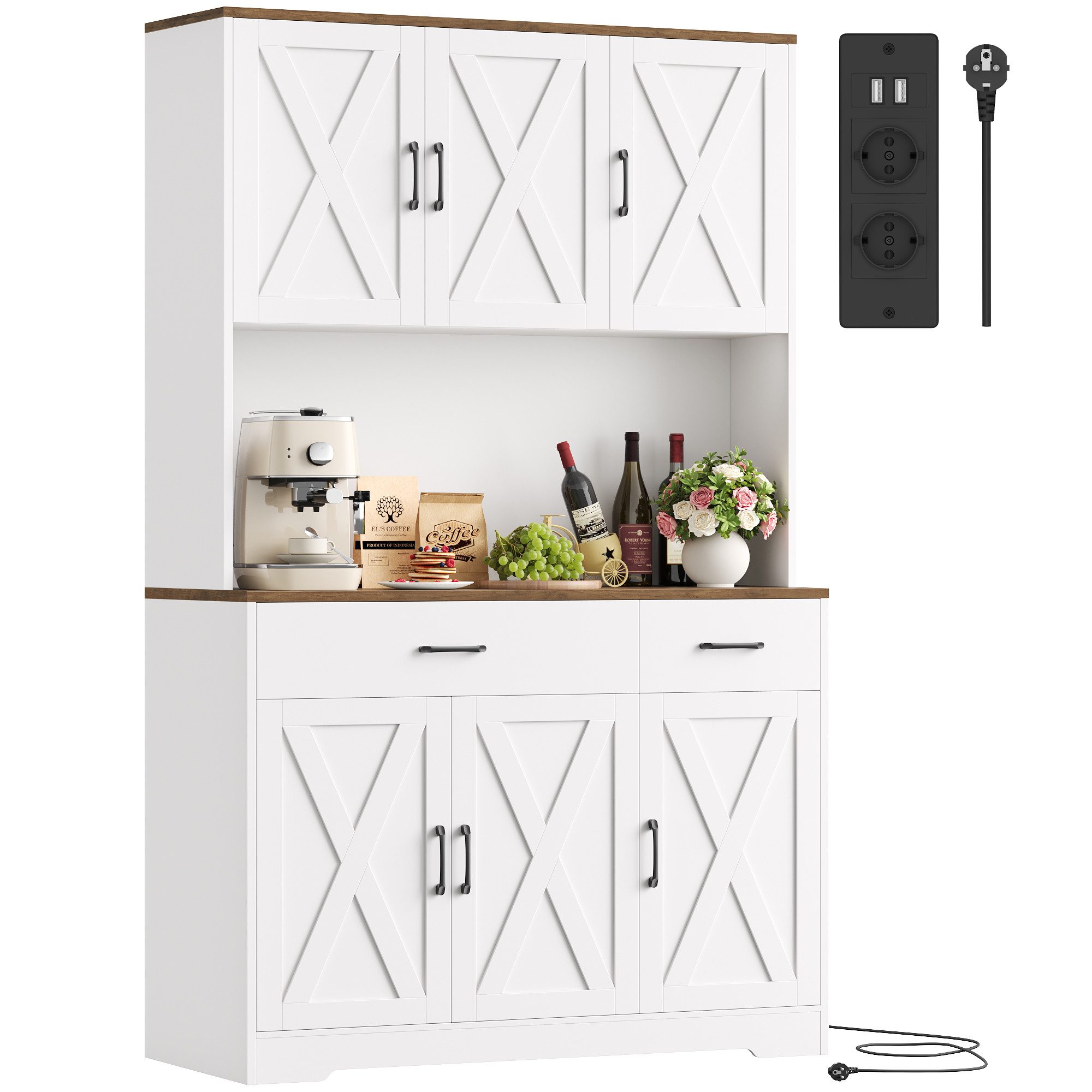 HOMECHO Küchenbuffet Weiß Küchenschrank mit Steckdosen, 6 Türen, 2 Schublad günstig online kaufen