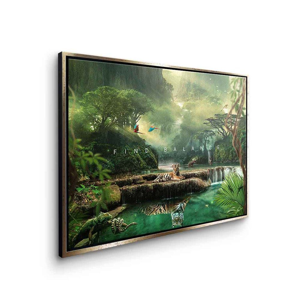 DOTCOMCANVAS® Leinwandbild, Leinwandbild Dschungel Rahmen balance Natur Tiere Tiger find mit silberner Rahm premium