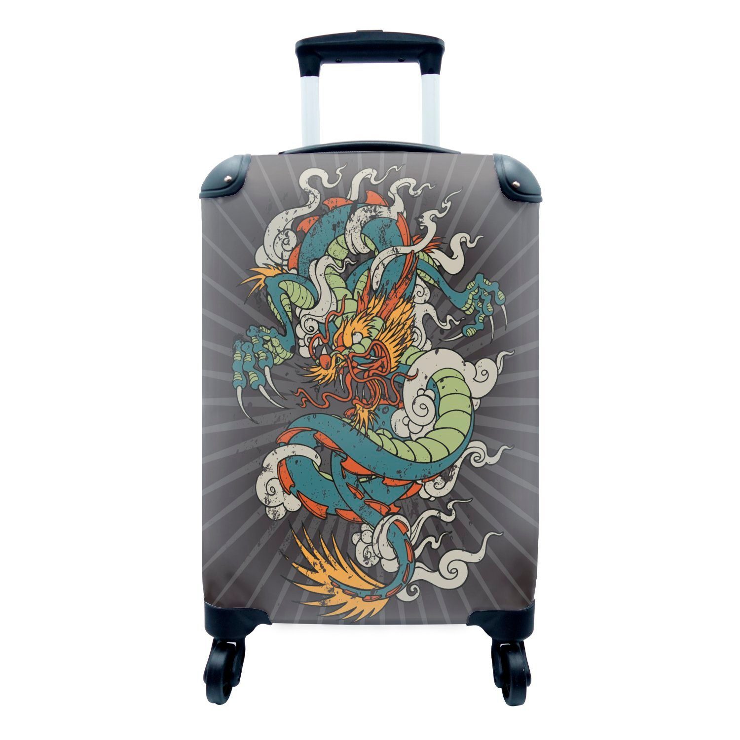MuchoWow Handgepäckkoffer Illustration eines Drachens Reisetasche für Handgepäck Hintergrund, auf mit dunklem Trolley, Reisekoffer 4 rollen, Ferien, Rollen