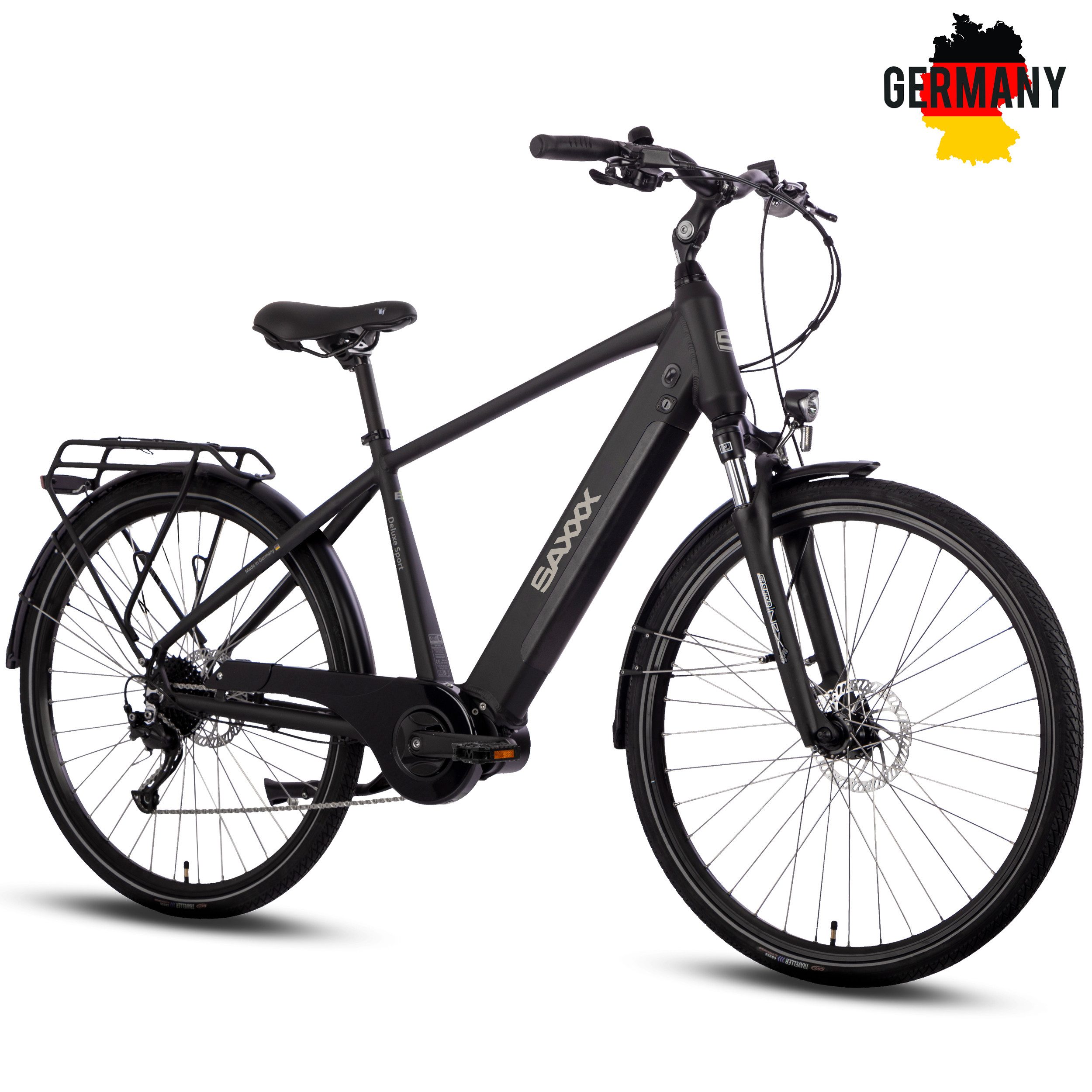 SAXXX E-Bike Cityrad 28 Zoll, 100km, 70Nm Mittelmotor, bis 130kg belastbar, 95% vormontiert, 9 Gang SHIMANO Alivio Schaltwerk, Kettenschaltung, Mittelmotor, 418 Wh, (Aluminium-Diamantrahmen, SR Federgabel, 5 Stufen mit Schiebehilfe), hydr. Bremsen, Pedele