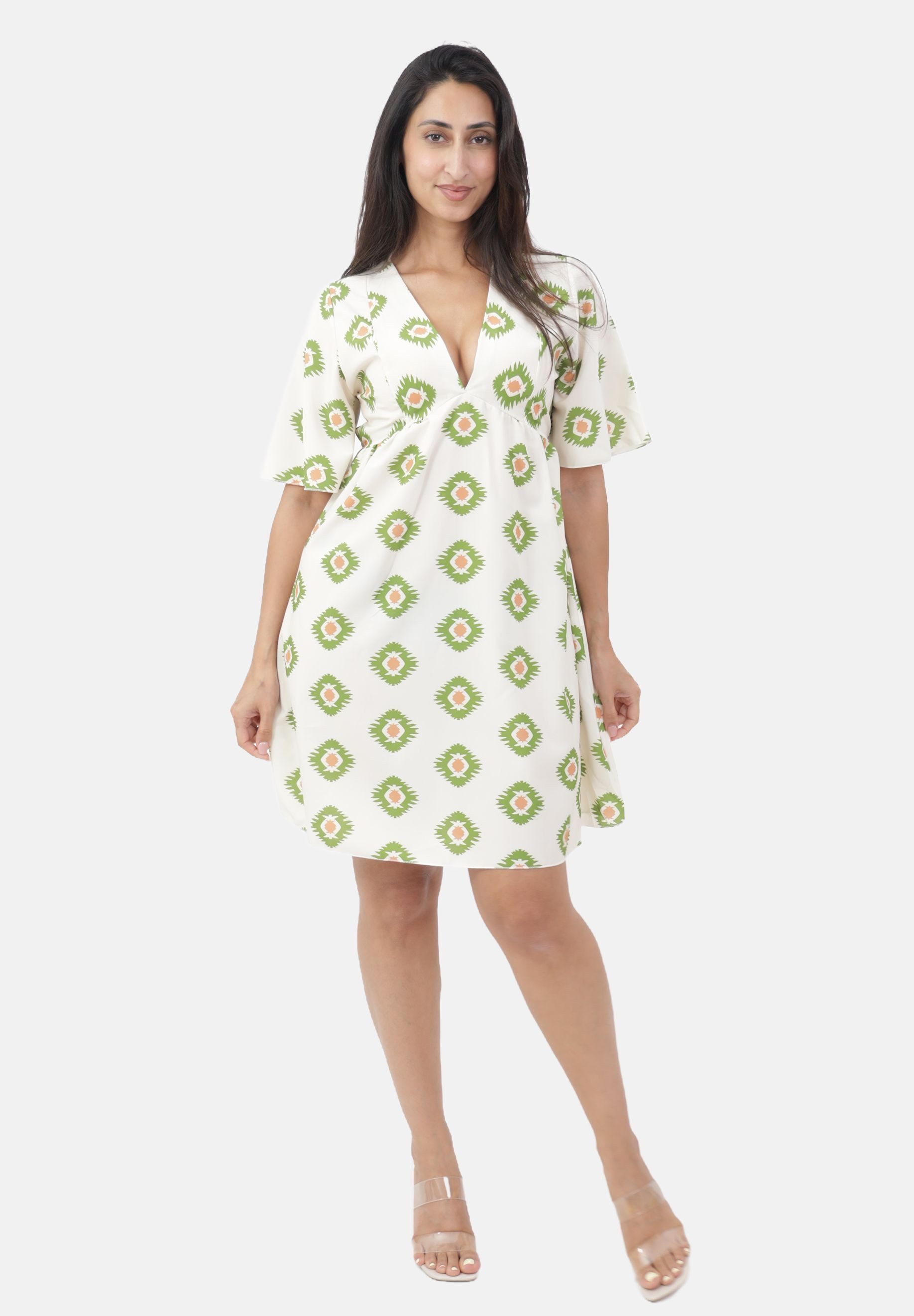 Elara Minikleid Kurzarmkleid mit V-Ausschnitt und abstraktem Muster