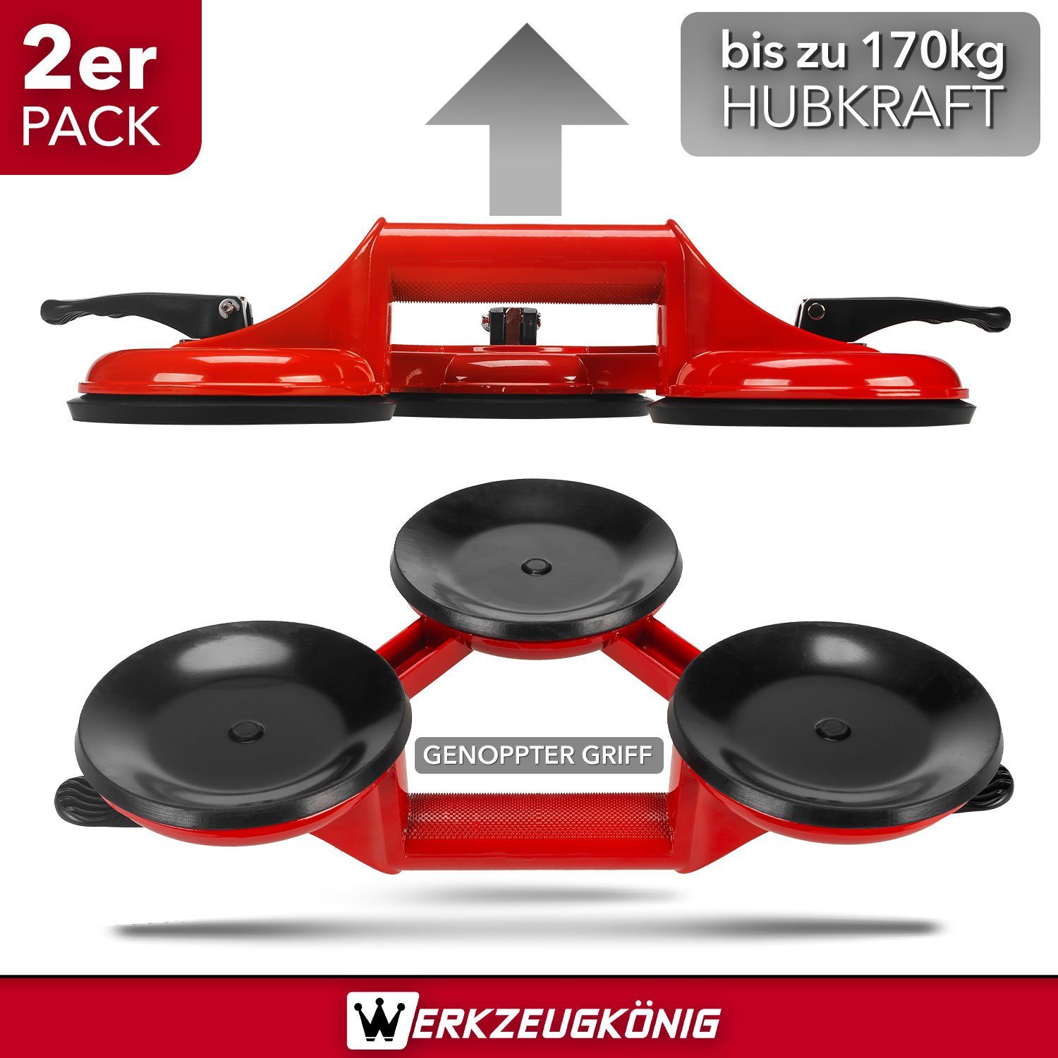 Werkzeugkönig Saugheber Vakuumheber Plattenheber, max. 170,00 kg Traglast, 3-fach Glassauger, -], 2er Set, leichte Bedienung – Bild 4 von 5