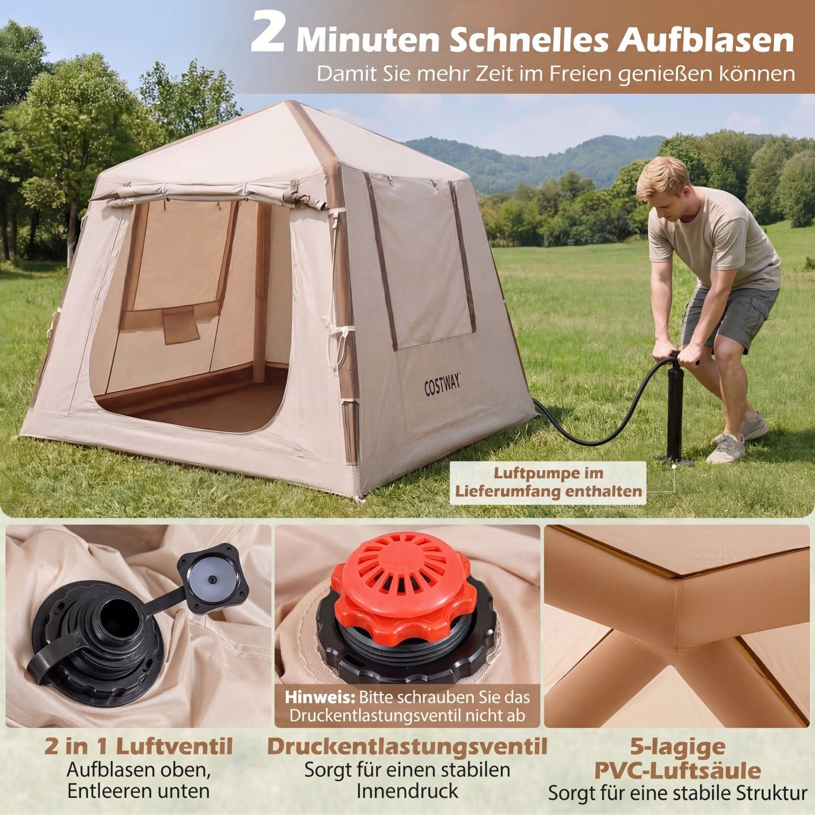COSTWAY aufblasbares Zelt, Personen: 4, Luftzelt mit Moskitonetzfenstern