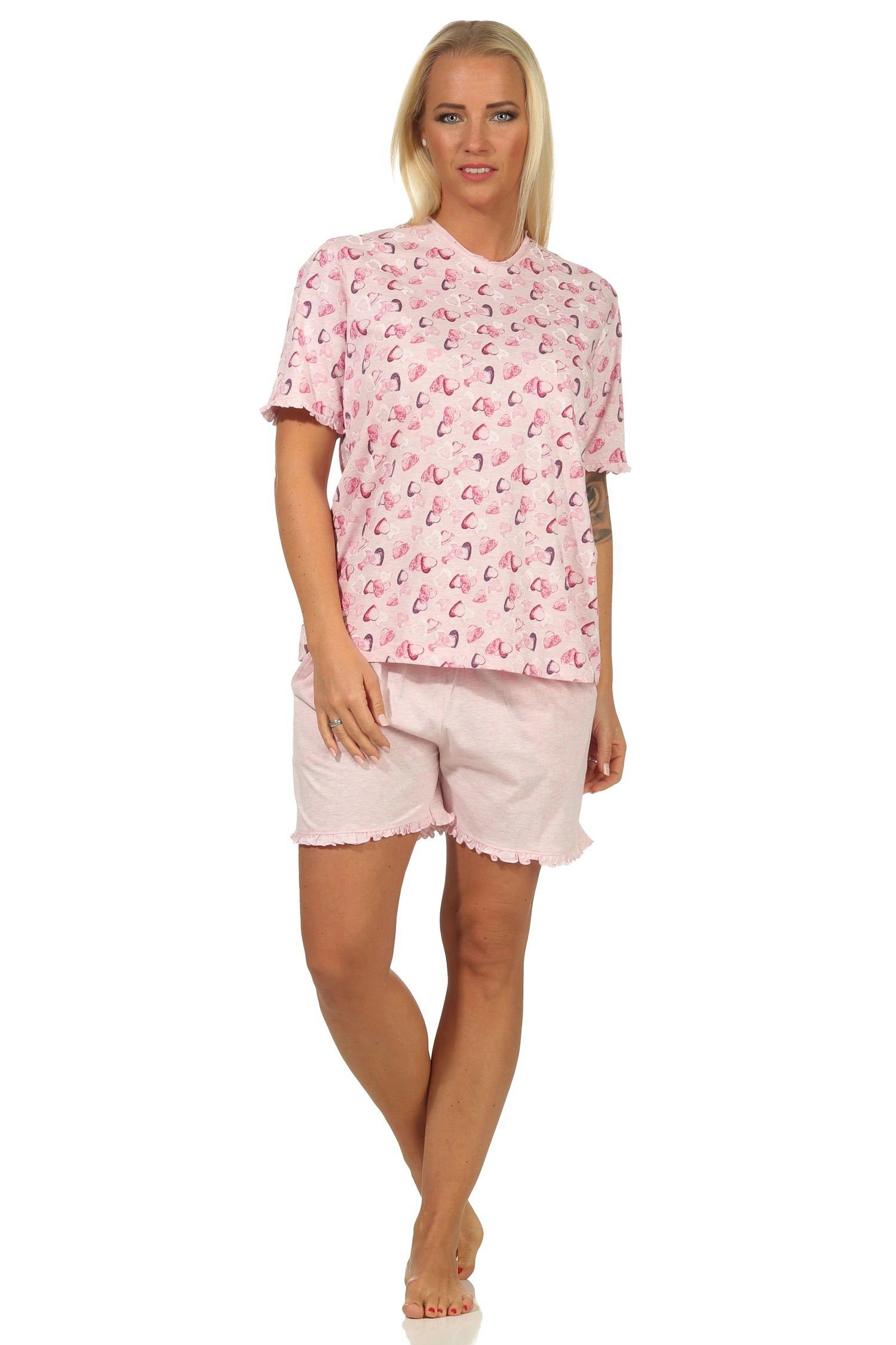 Normann Pyjama Damen Shorty Pyjama kurzarm mit Herzen als Motiv in Melange-Optik rosa