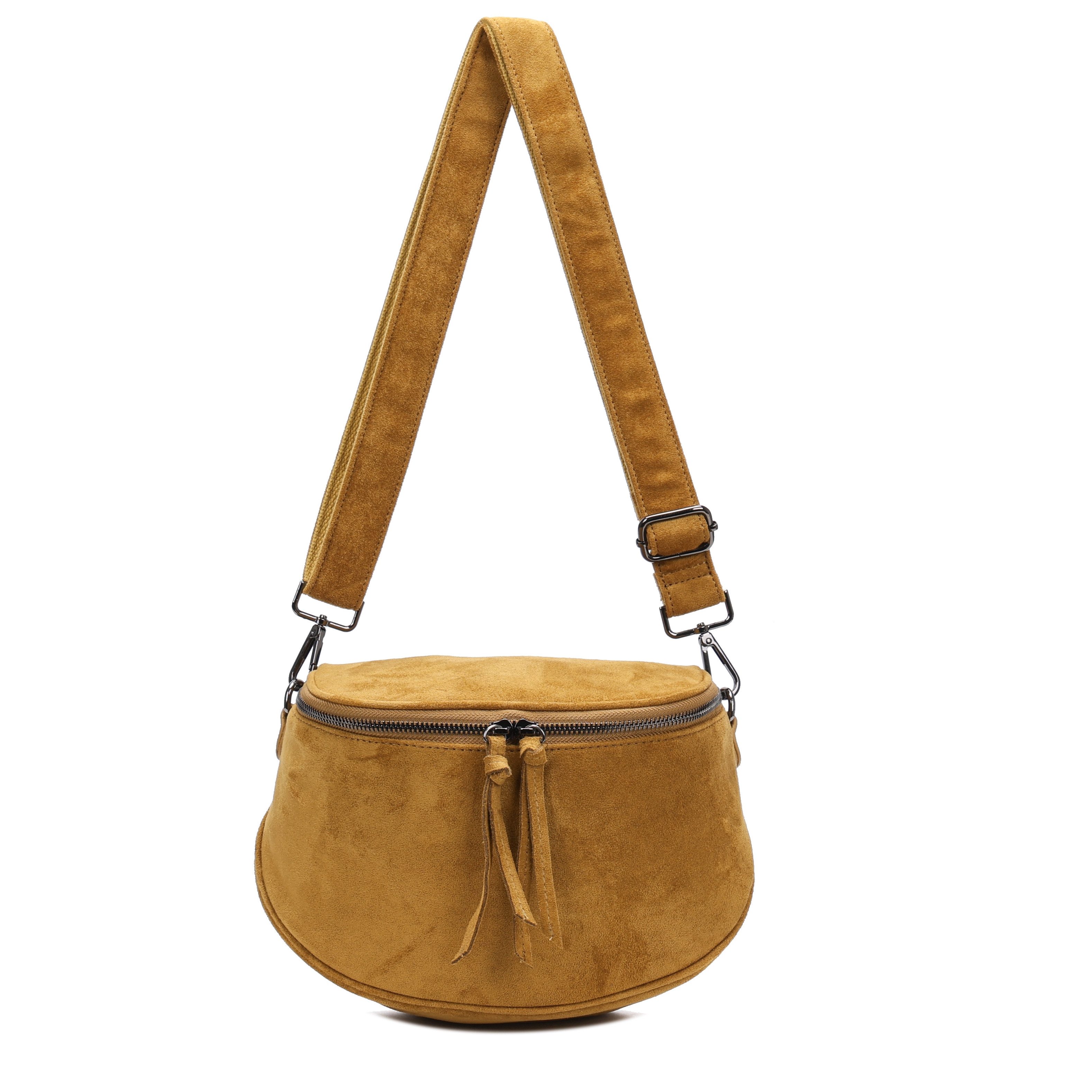 MIRROSI Bauchtasche Damen Umhängetasche Wildleder-Optik, Halbmond Schultertasche (ca. 23 x 14 x 19 cm), Crossbody Bag, Verstellbarer Schulterriemen für mehr Flexibilität.