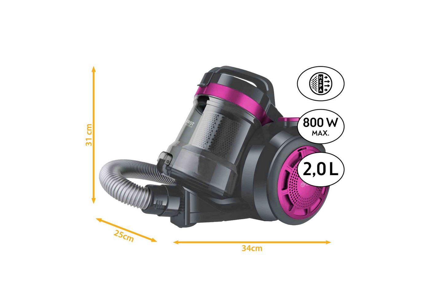 TZS FIRST AUSTRIA Bodenstaubsauger, 800 W, Beutellos, Sauger für Hart- und Teppichböden, 4,8m Kabellänge