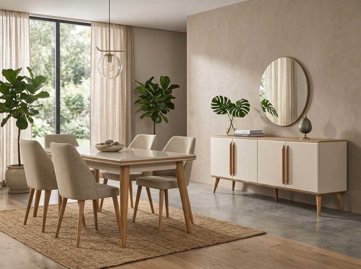 Xlmoebel Esszimmer-Set Essgruppe Beige Modern Luxus Esstisch Stuehle Sideboard Spiegel, (7-St., 1x Tisch, 4x Stühle, 1x Sideboard, 1x Spiegel)