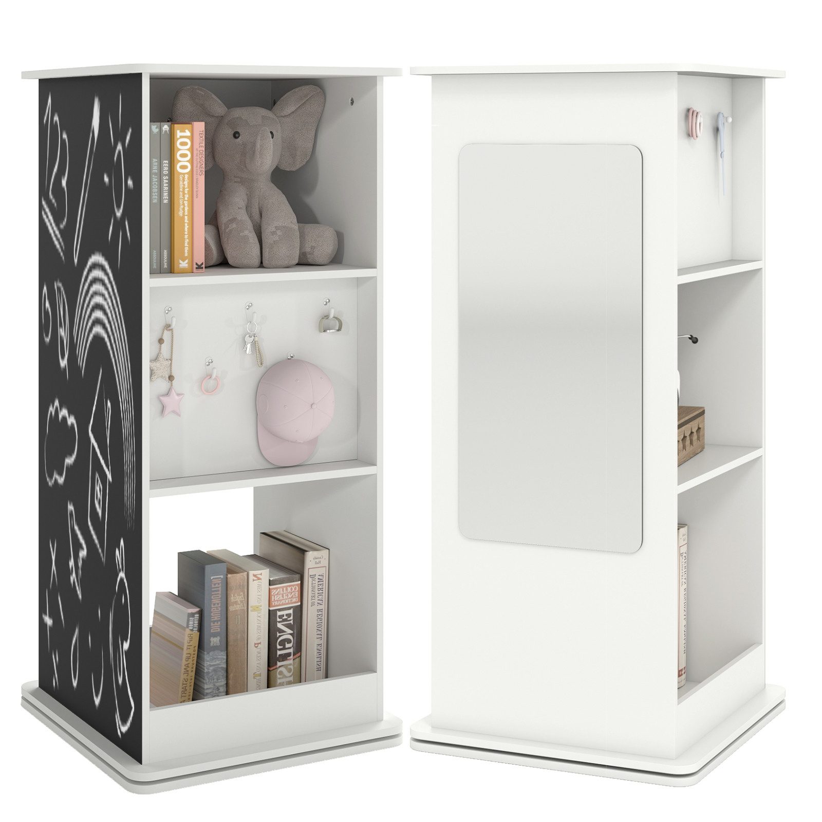 COSTWAY Kinderregal, Holz, 360° drehbares Eck-Regal mit Tafel & Spiegel