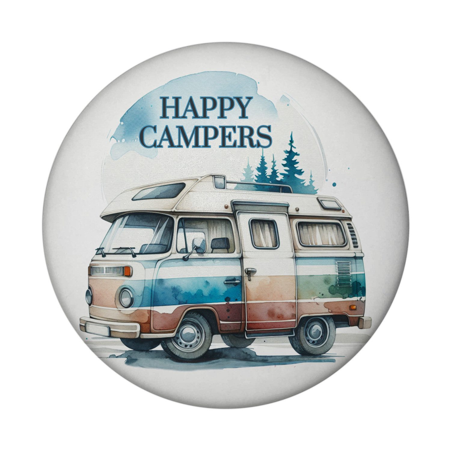 Magnet Campingwagen Magnet rund mit Spruch Happy Campers