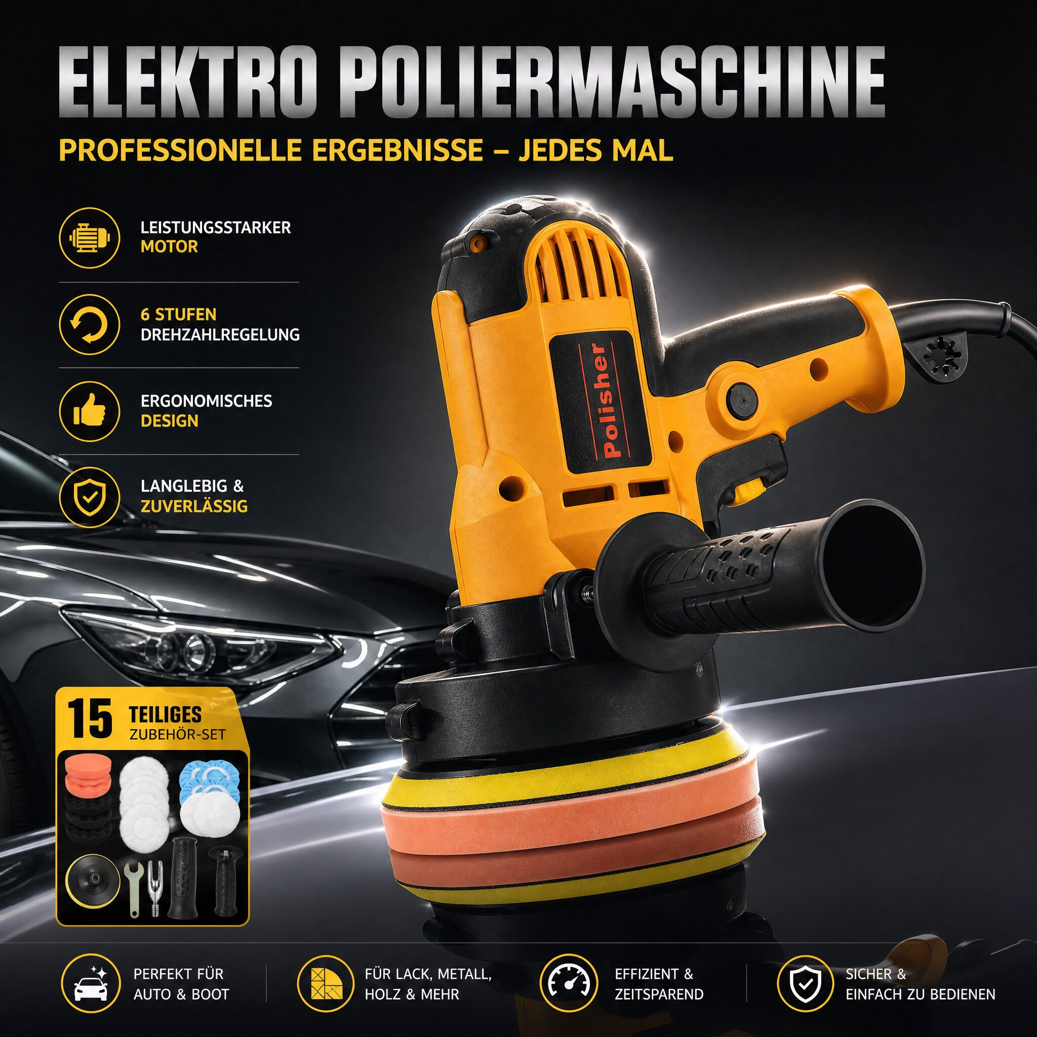 GARRYFIZH Poliermaschine Poliermaschine Autopoliermaschine, 600 min. U/min, 3700 max. U/min, (Set, Polierzubehör), 15-teiliges Set Einstellbare Geschwindigkeit