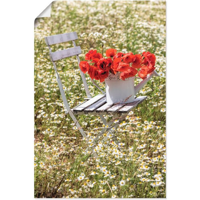 Artland Wandbild Stuhl im Kamille Feld mit Mohnblüten Blumenwiese (1 St) als Alubild Leinwandbild Wandaufkleber oder Poster in versch. Größen
