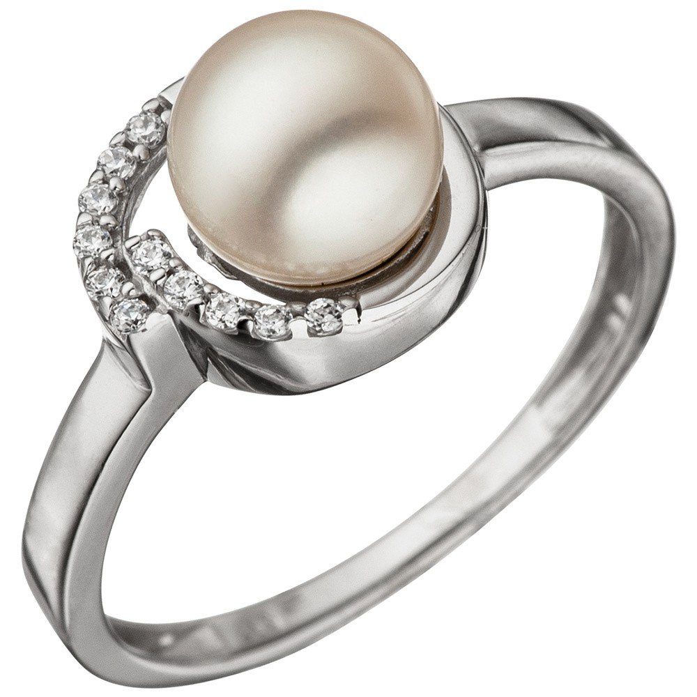 Schmuck Krone Silberring Ring Damenring mit Süßwasser Perle Zuchtperle weiß & Zirkonia 925 Silber elegant, Silber 925