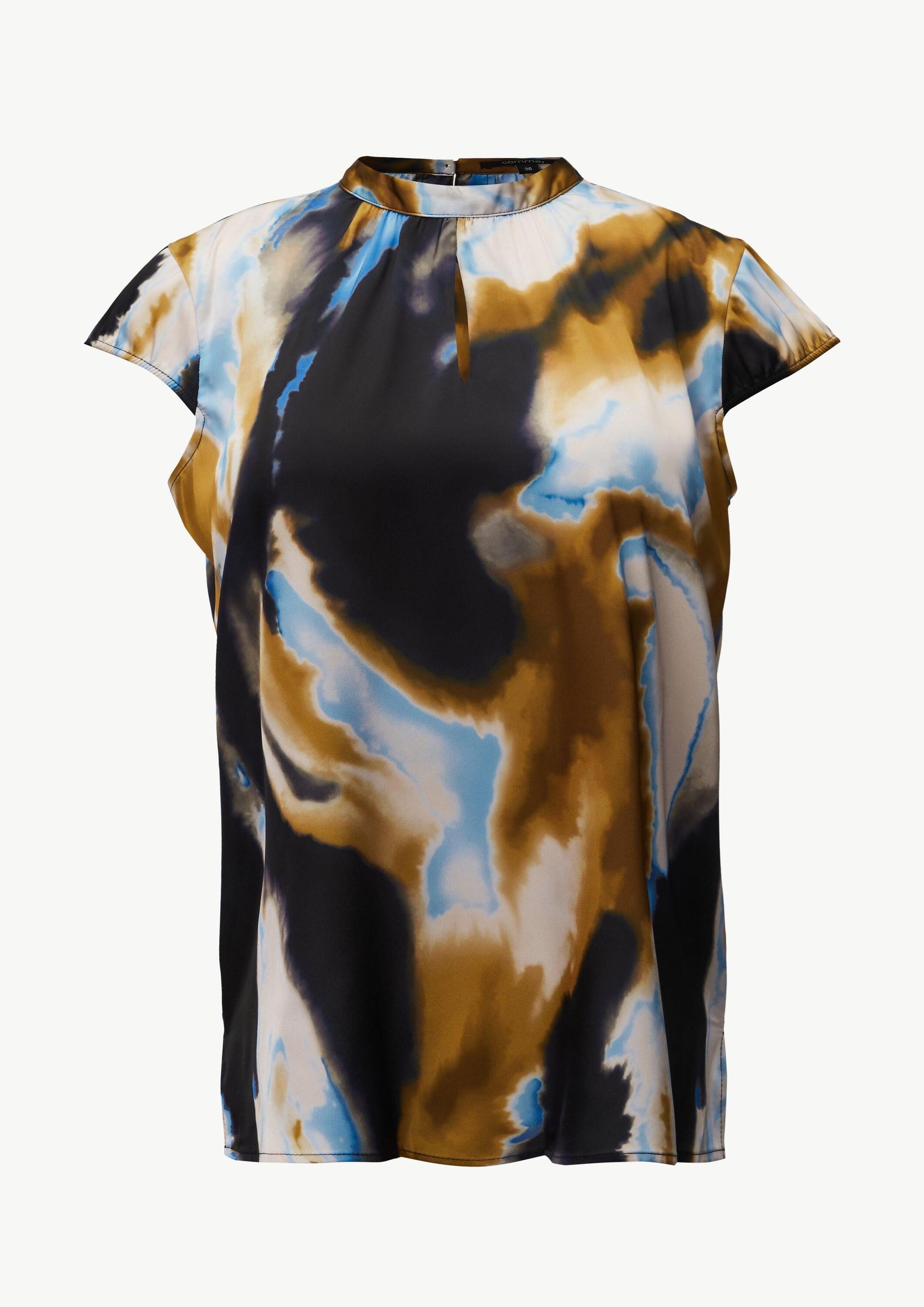 comma Kurzarmbluse Bluse Gemusterte Satin-Bluse mit Cut-out-Detail am Ausschnitt