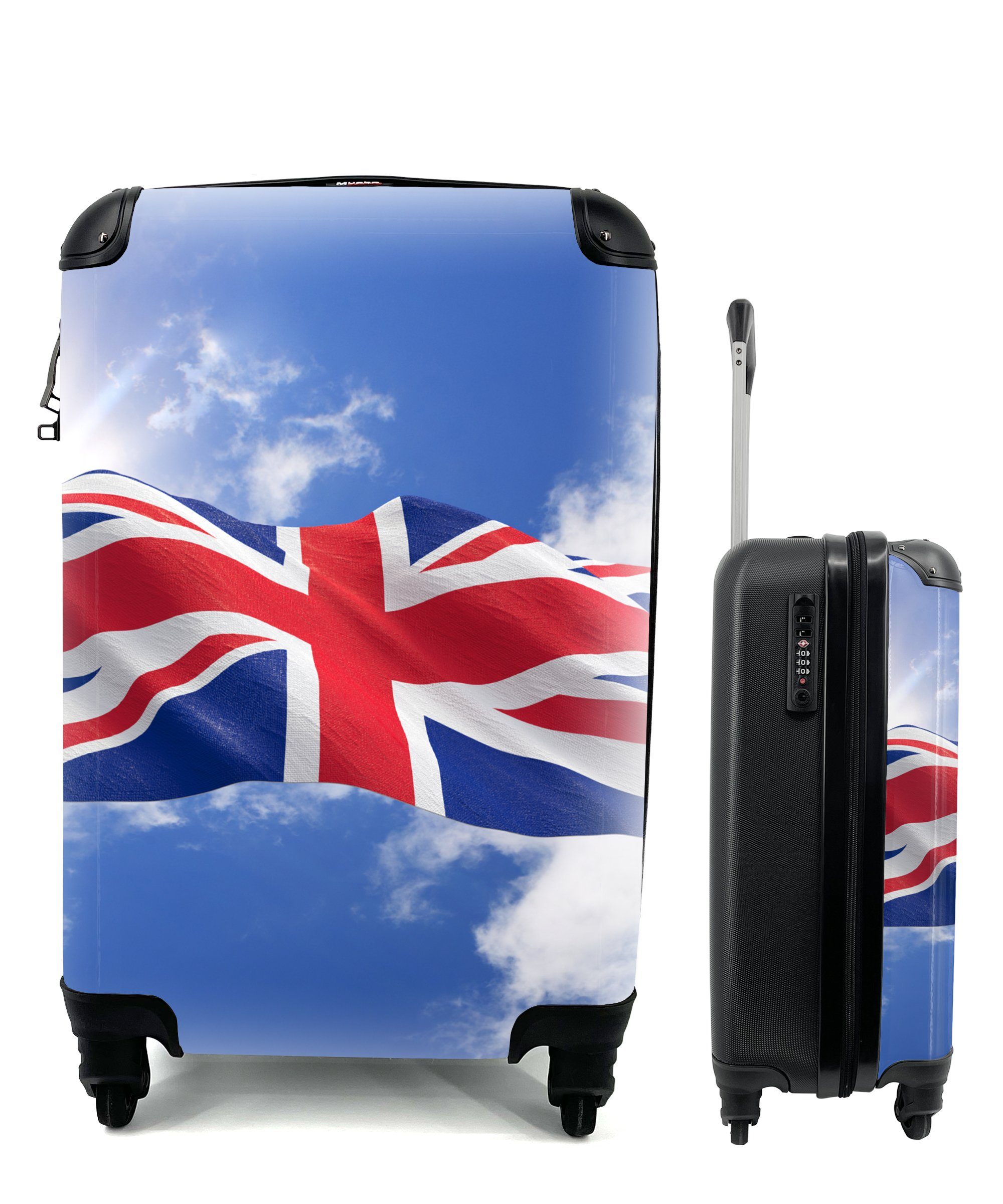 MuchoWow Handgepäckkoffer Die Flagge des Vereinigten Königreichs weht am Himmel, 4 Rollen, Reisetasche mit rollen, Handgepäck für Ferien, Trolley, Reisekoffer