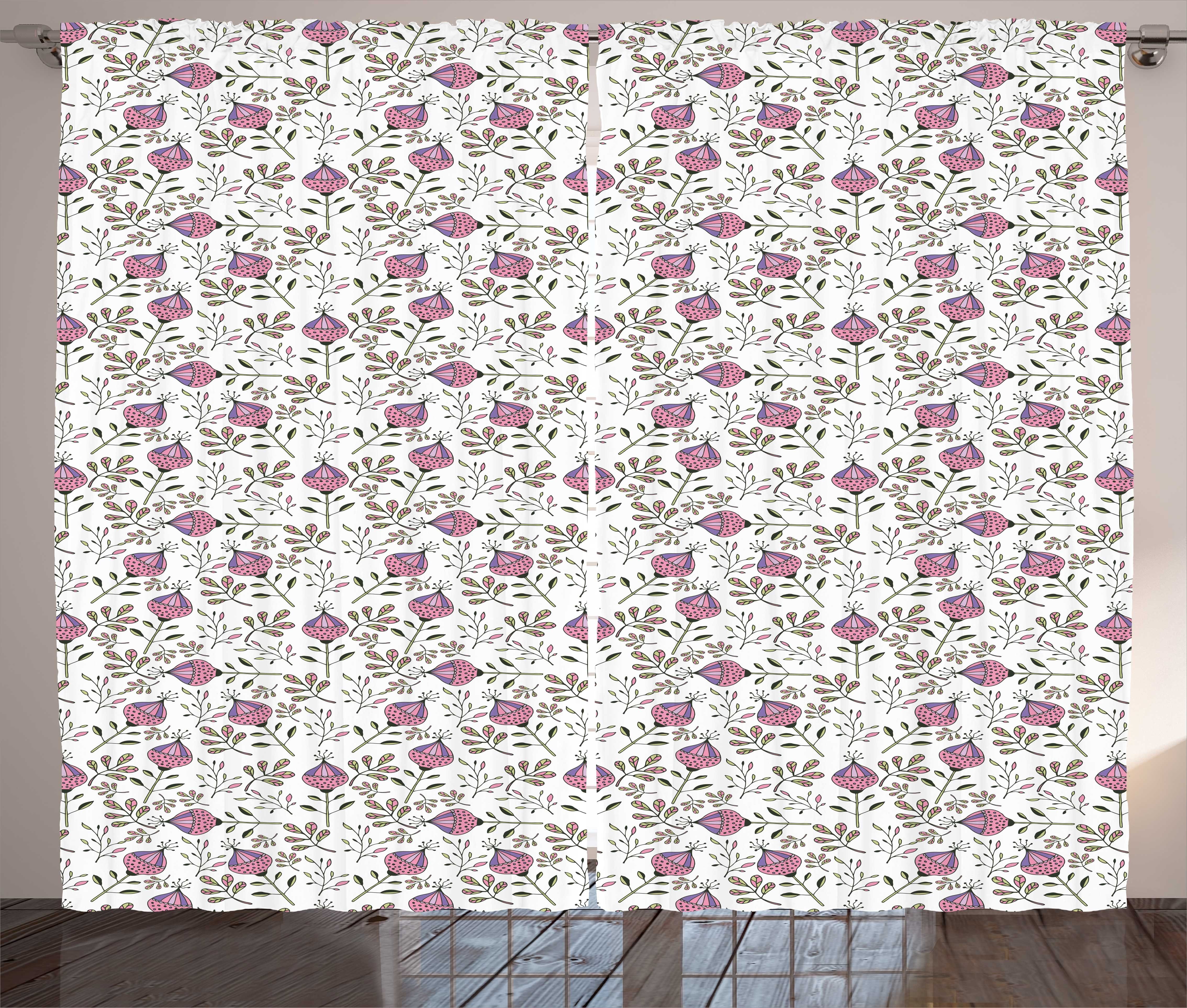 Gardine Schlafzimmer Kräuselband Vorhang mit Schlaufen und Haken, Abakuhaus, Botanik Abstrakt Quirky Blätter- Flora