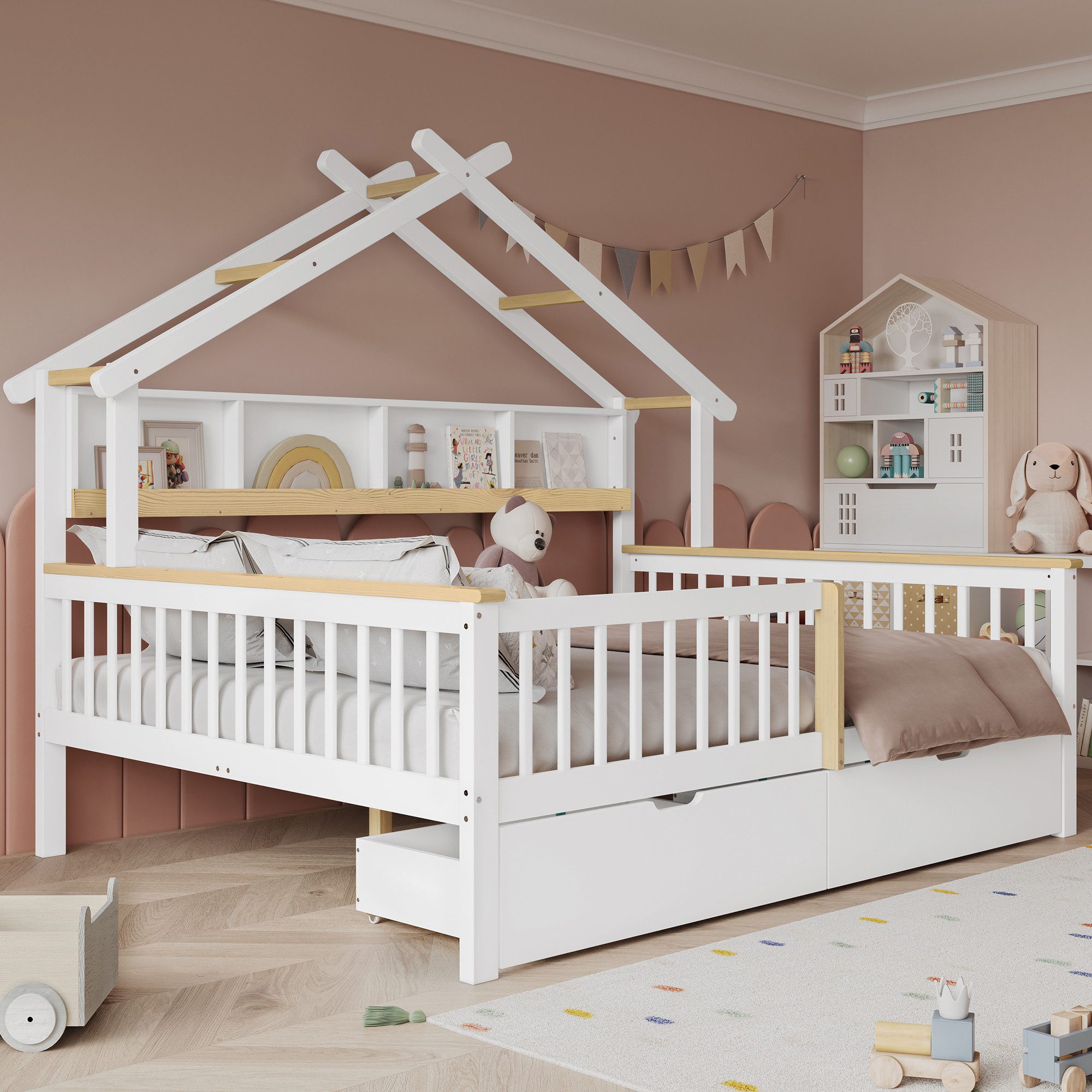 Merax Kinderbett 140x200cm mit Hausdach (Jugendbett Einzelbett, 1-tlg., stilvolles Design für Kinderzimmer), Kieferholz Hausbett mit Ablagefächern, 2 Schubladen und Schutzzaun