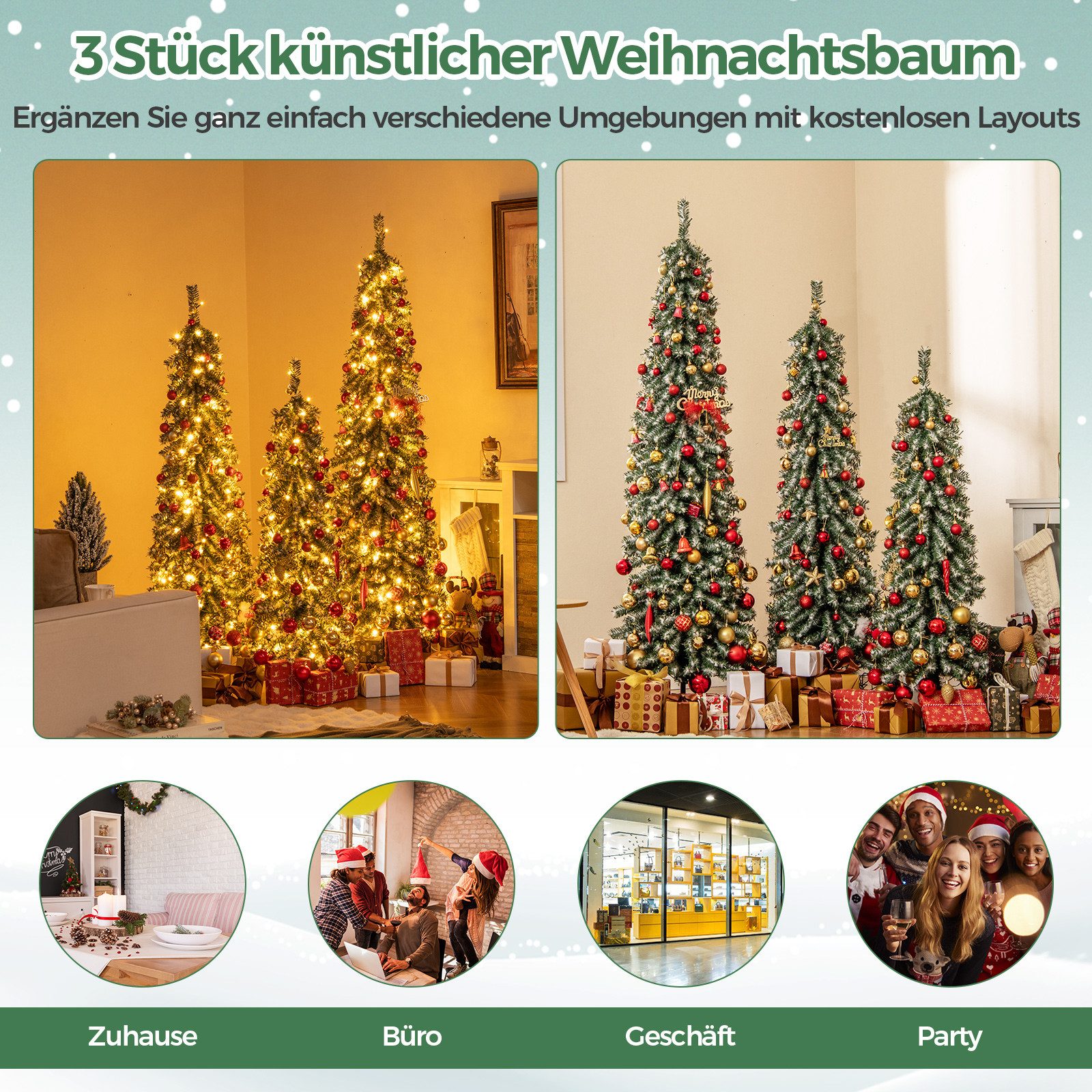 COSTWAY Künstlicher Weihnachtsbaum, Bleistift, 3er Set 120+150+180cm mit LEDs