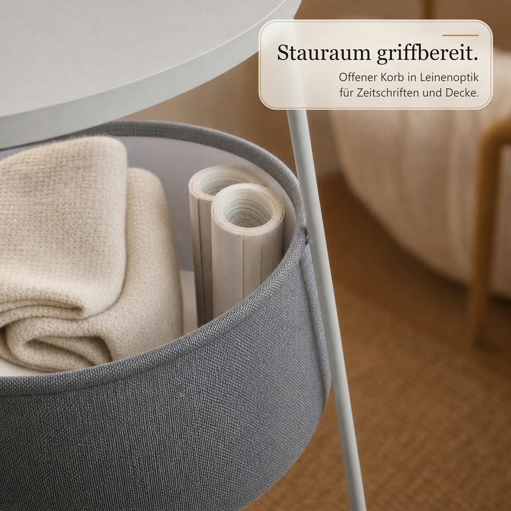 Floordirekt Couchtisch Dario Runder mit 2 Steckdosen A Stauraumkorb 2 USB 4 Farben (Einzelartikel), Integrierte Stromanschlüsse und USB-Ports – Bild 4 von 5