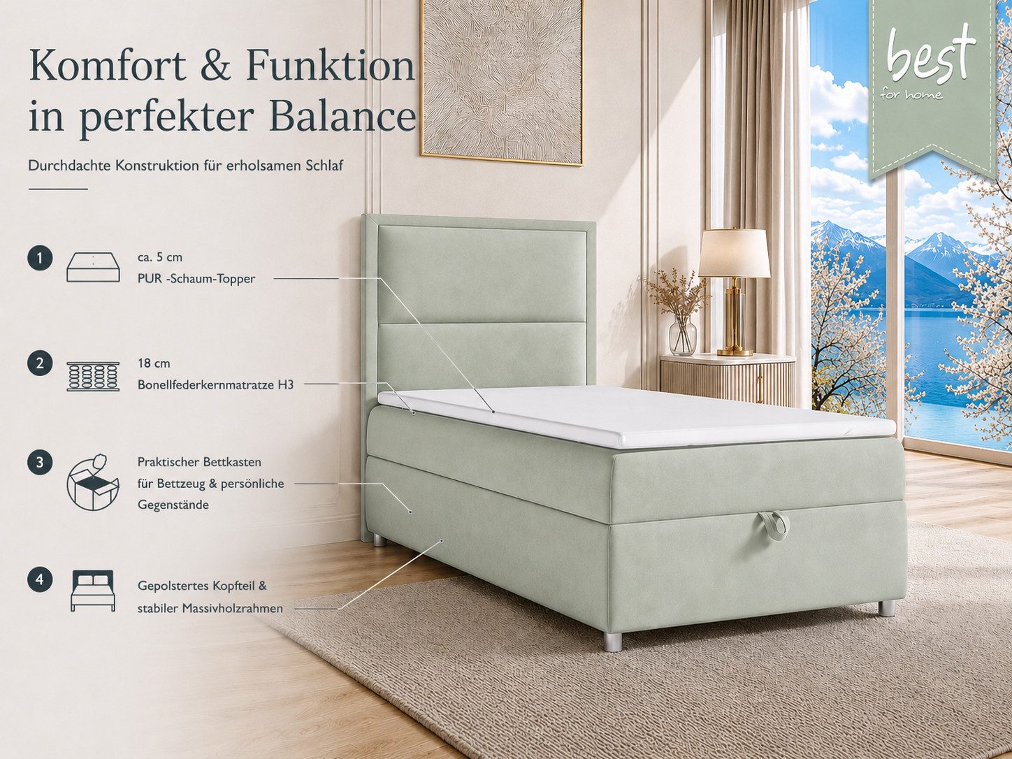 Best for Home Boxspringbett K-11 SINGLE mit Bettkasten, Bonellfederkern, Komfort Topper H3 (Hotelbett, Einzelbett, Kinderbett, Juniorbett, 5-St., 70x200 80x200 90x200 100x200 cm), Einzelbett mit integriertem Stauraum, gepolstertem Kopfteil