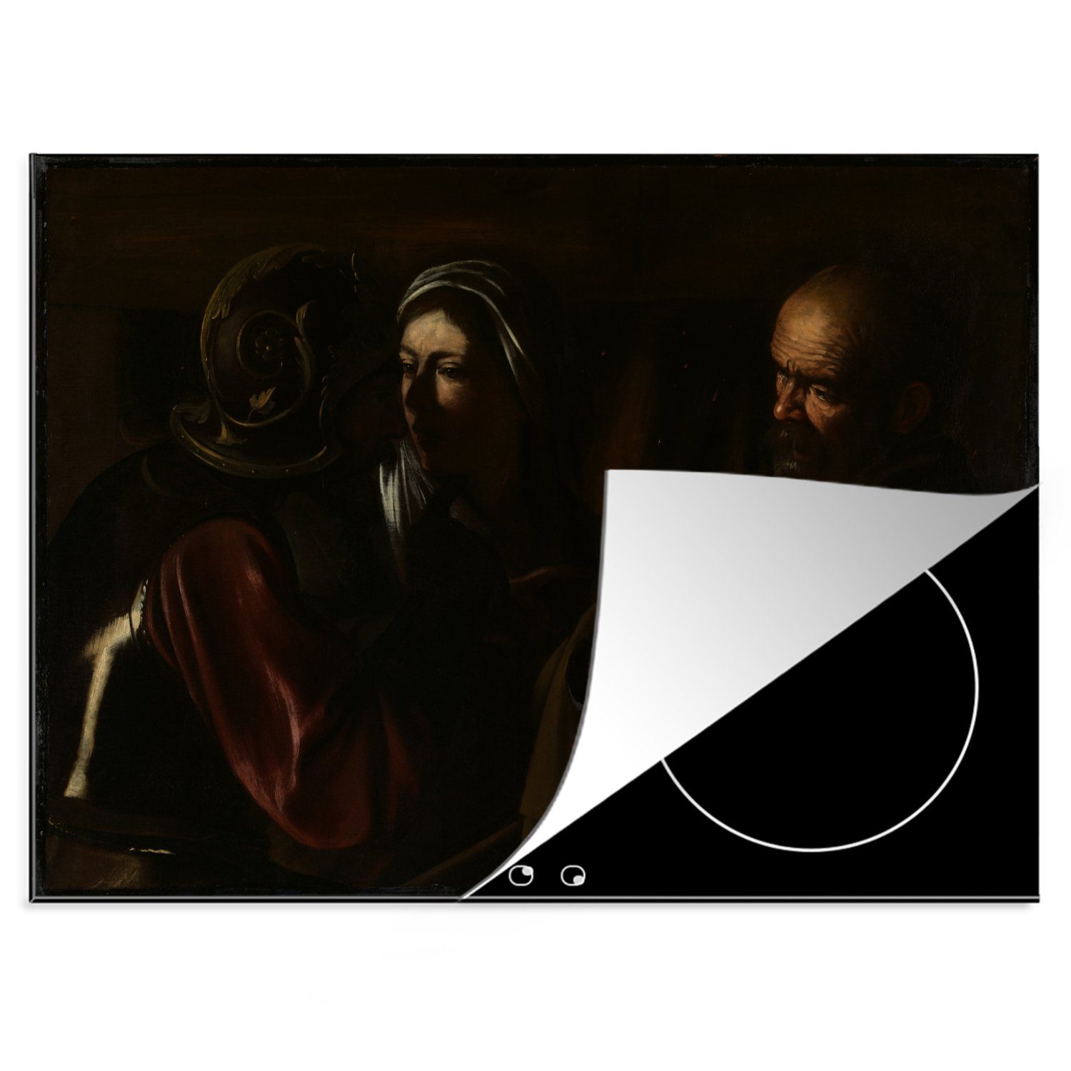 MuchoWow Herdblende-/Abdeckplatte Die Verleugnung des Petrus - ein Gemälde von Caravaggio, Vinyl, (1 tlg), 70x52 cm, Mobile Arbeitsfläche nutzbar, Ceranfeldabdeckung
