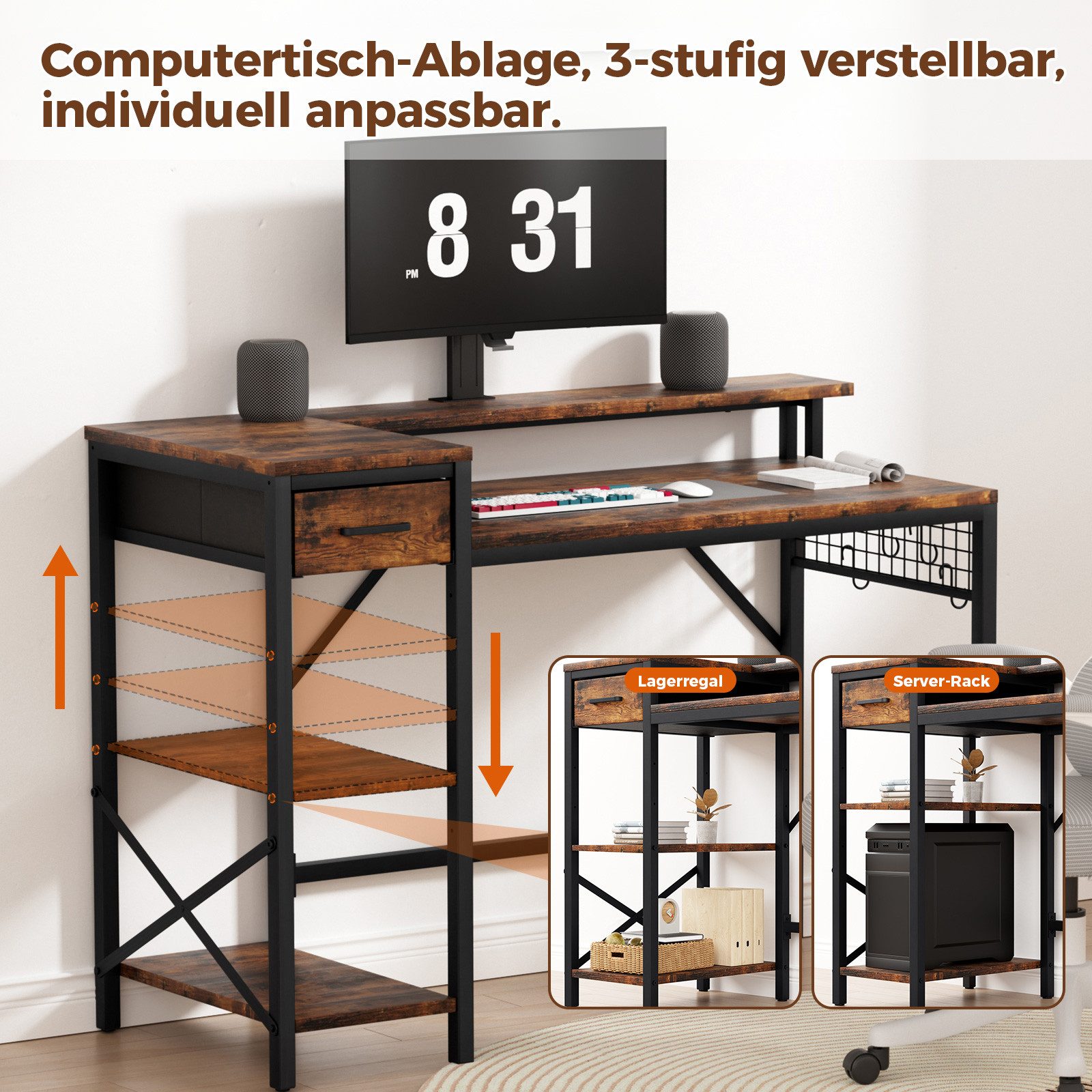 Oak&Tea Schreibtisch Computertisch, Bürotisch mit Schubladen & Monitorständer Breite 120 cm (Schreibtisch *1), PC Tisch Eckschreibtisch für Arbeitszimmer, Heimbüro, Wohnzimmer