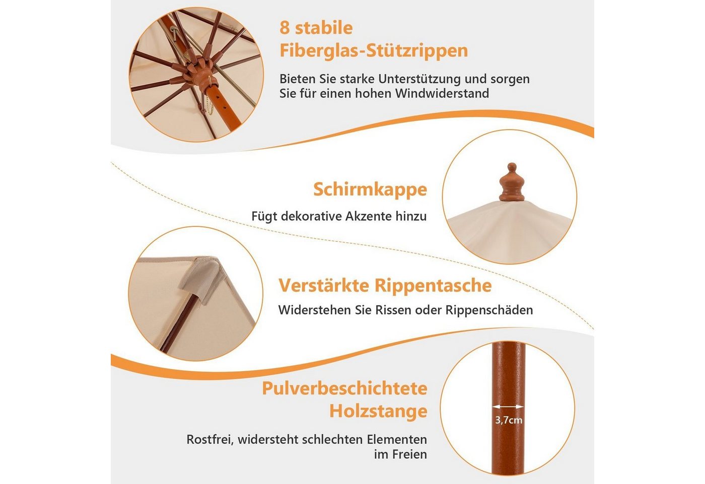 Thumbnail - KOMFOTTEU Sonnenschirm Höhenverstellbarer Gartenschirm 260 cm, Holz