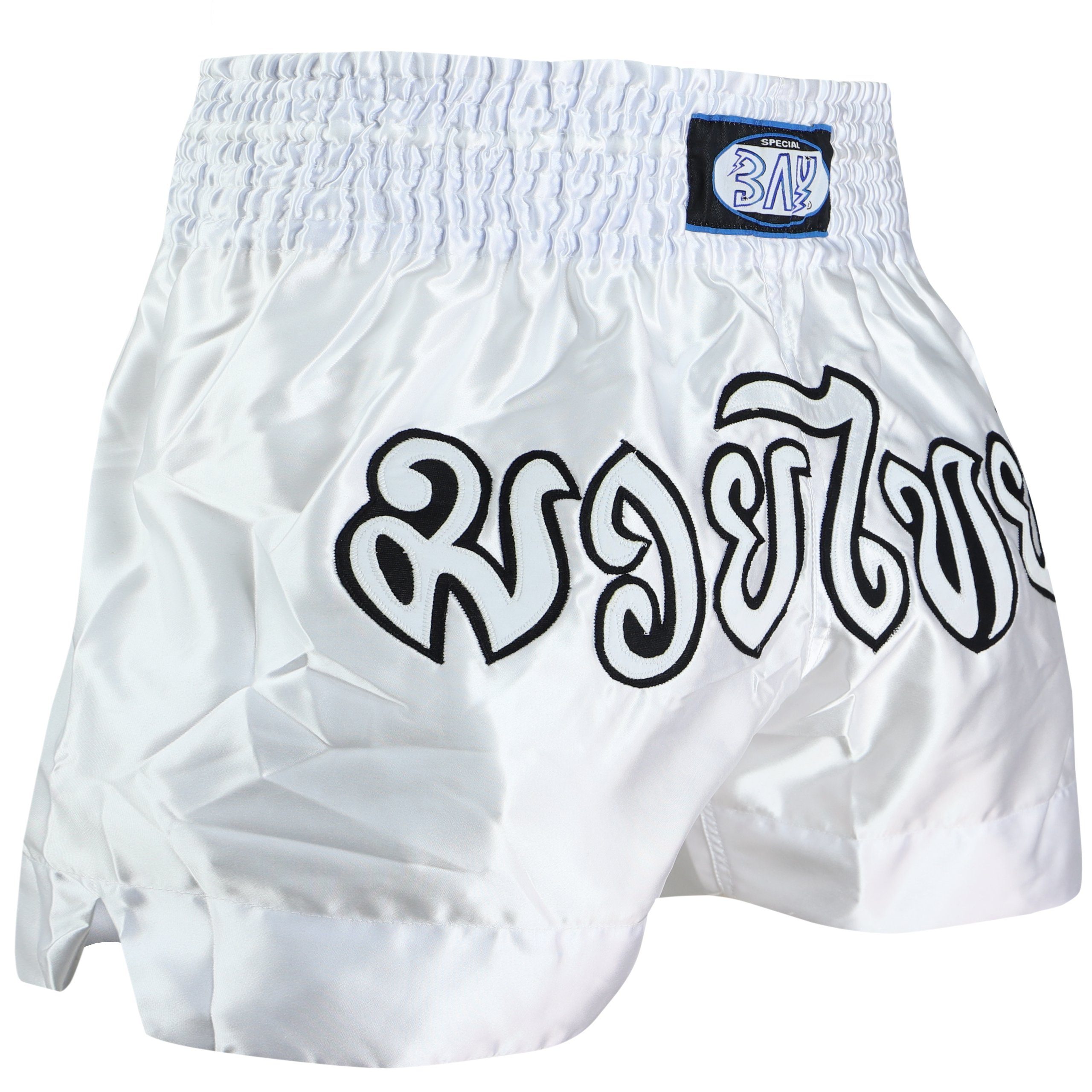 BAY-Sports Sporthose Muay Thai Kick Hose Shorts Thaiboxhose Thaiboxen MMA kurz Kickboxen (kurze Hose, traditionell silber weiß) kurze Hose, traditionell schwarz weiß