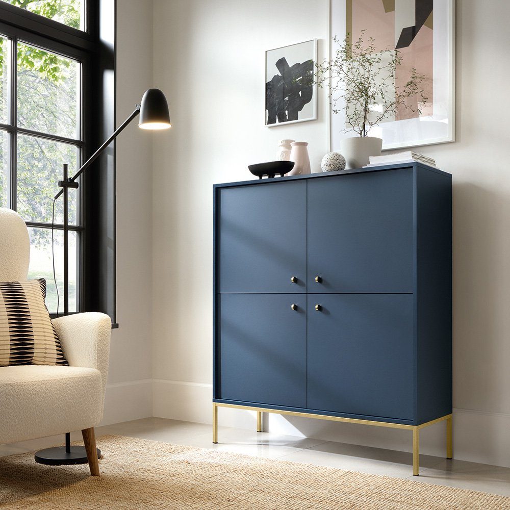 Lomadox Highboard MALAGA-160, in marineblau, Fußgestell goldfarben, goldene Griffe