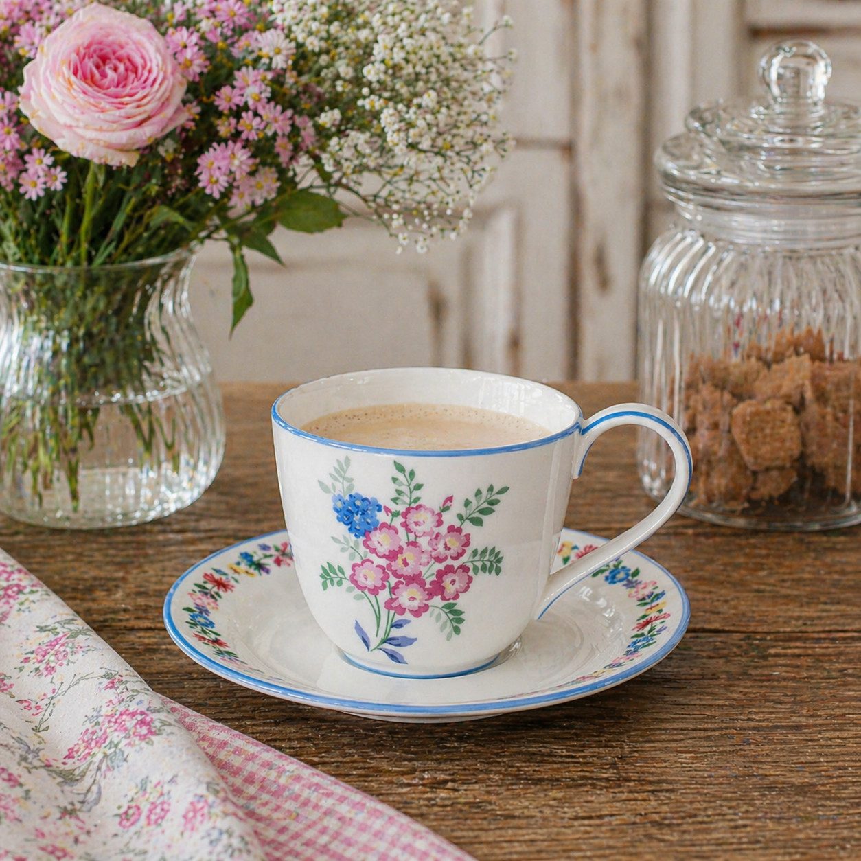 Greengate Tasse GreenGate Tasse mit Untertasse Elina Weiß/Geblümt