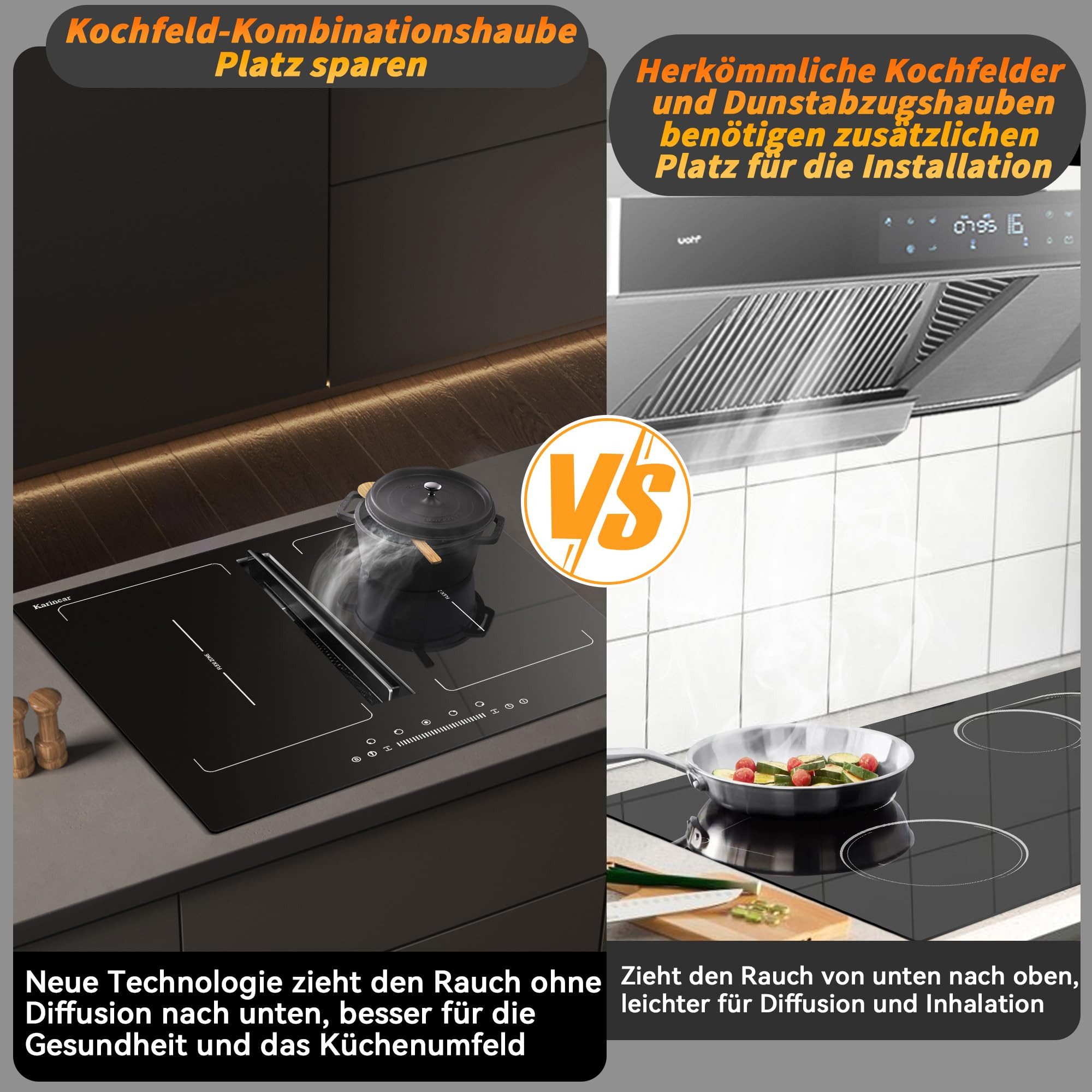 Karinear Induktions-Kochfeld Induktionskochfeld Flexzonen mit Dunstabzug, Induktion Kochfeld 60 cm Flexzone mit Booster, 7200W, 145 W Dunstabzugshaube, 220-240V