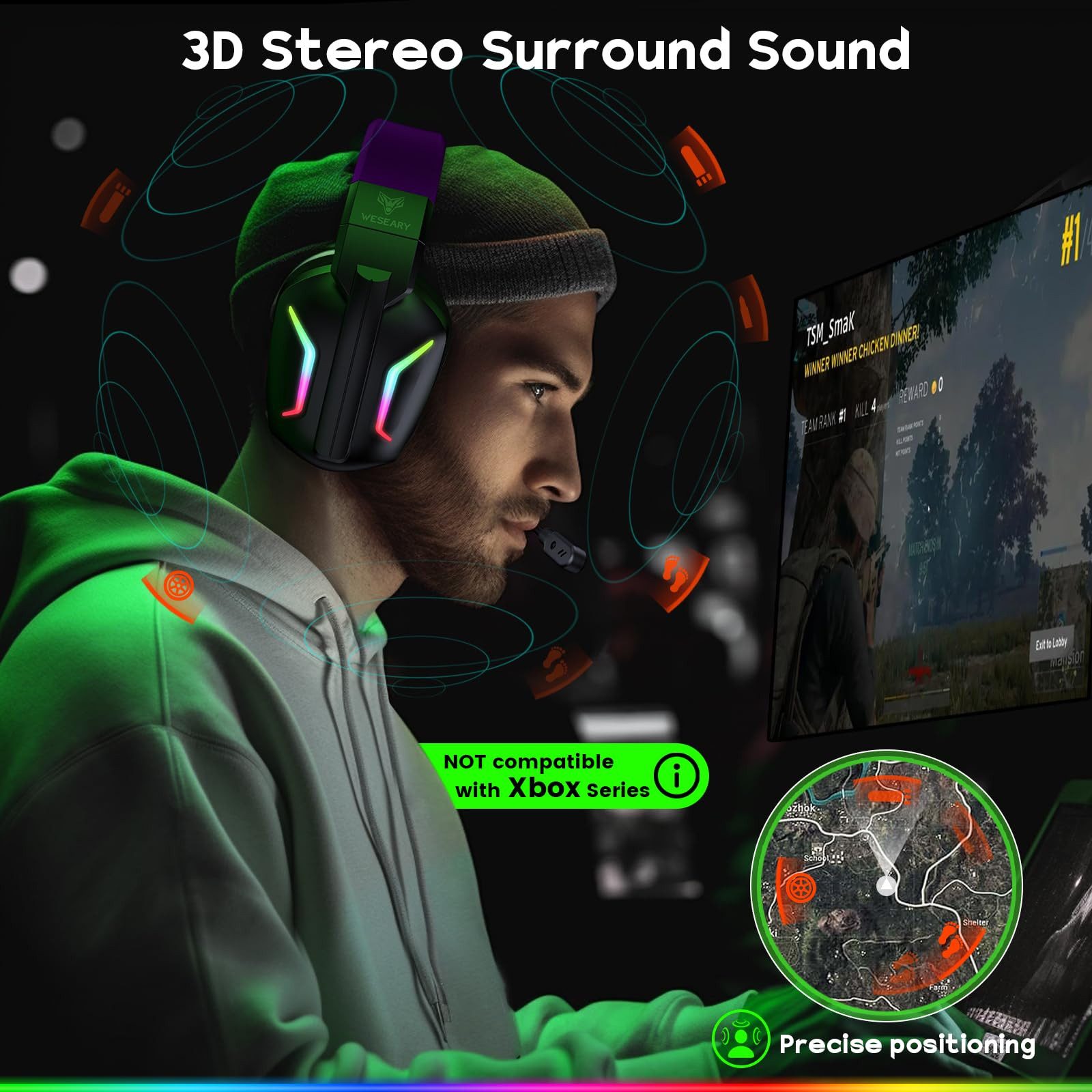 WESEARY 2,4G Wireless 50 Stunden Akkulaufzeit für PS5, PS4, PC, Switch, Mac Gaming-Headset (Kabellos, Bluetooth, 2,4 GHz USB-Dongle, Noise Cancelling, Surround Sound, LED-Beleuchtung, faltbar, mit Mikrofon - Surround Sound Noise Cancelling Kopfhörer LED Licht)