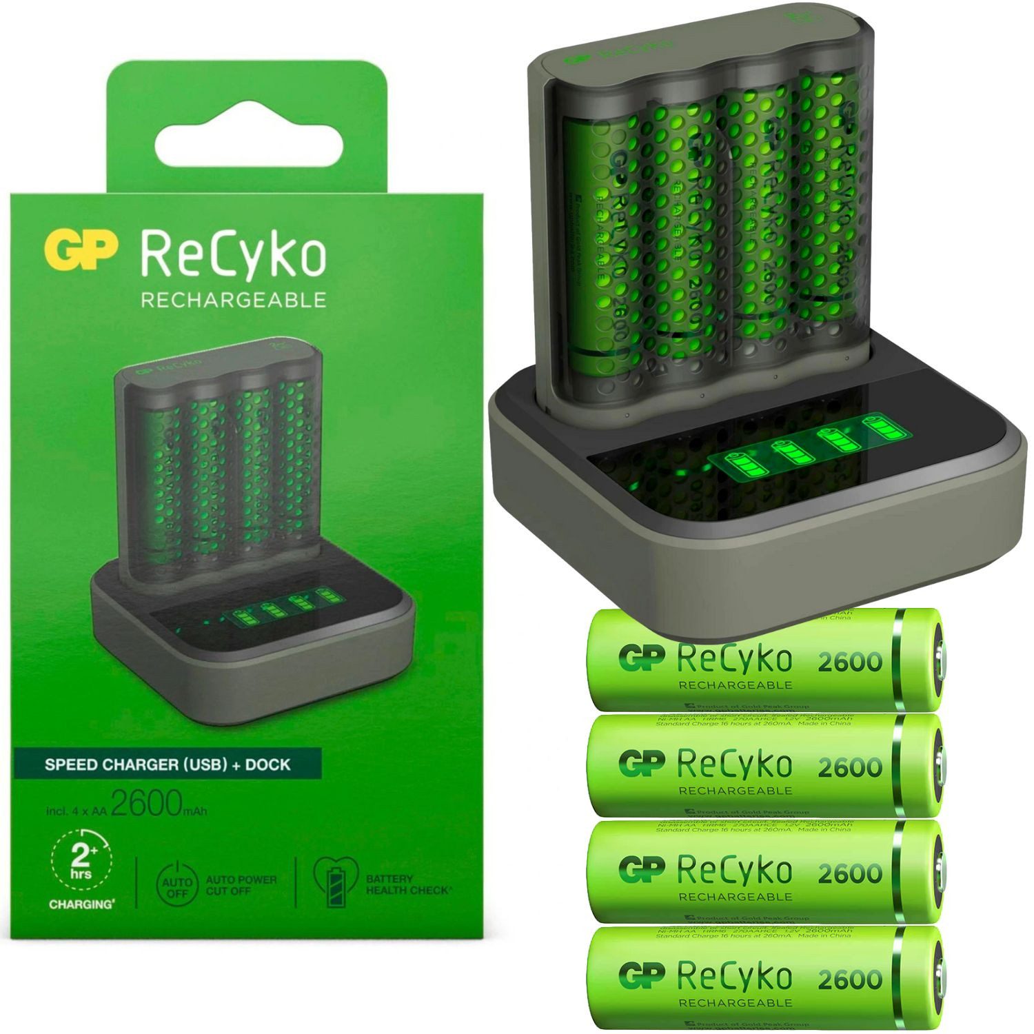 GP Batteries USB Docking Akku-Ladegerät AA / AAA + 4x AA-Akku Akku-Set Mignon 2600 mAh (1,2 V, 6 St), Dock Lader D451 + Ladeeinheit M451 4x AA 2600mAh Mignon LR06 Batterie