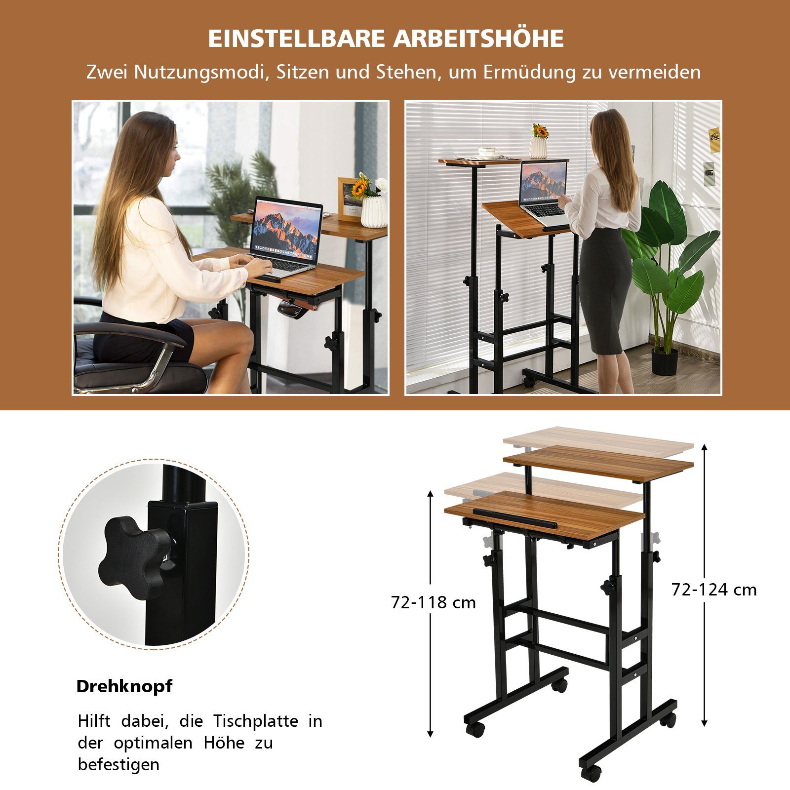 COSTWAY Computertisch, 2-stufig, höhenverstellbar mit Rollen, 72-124cm