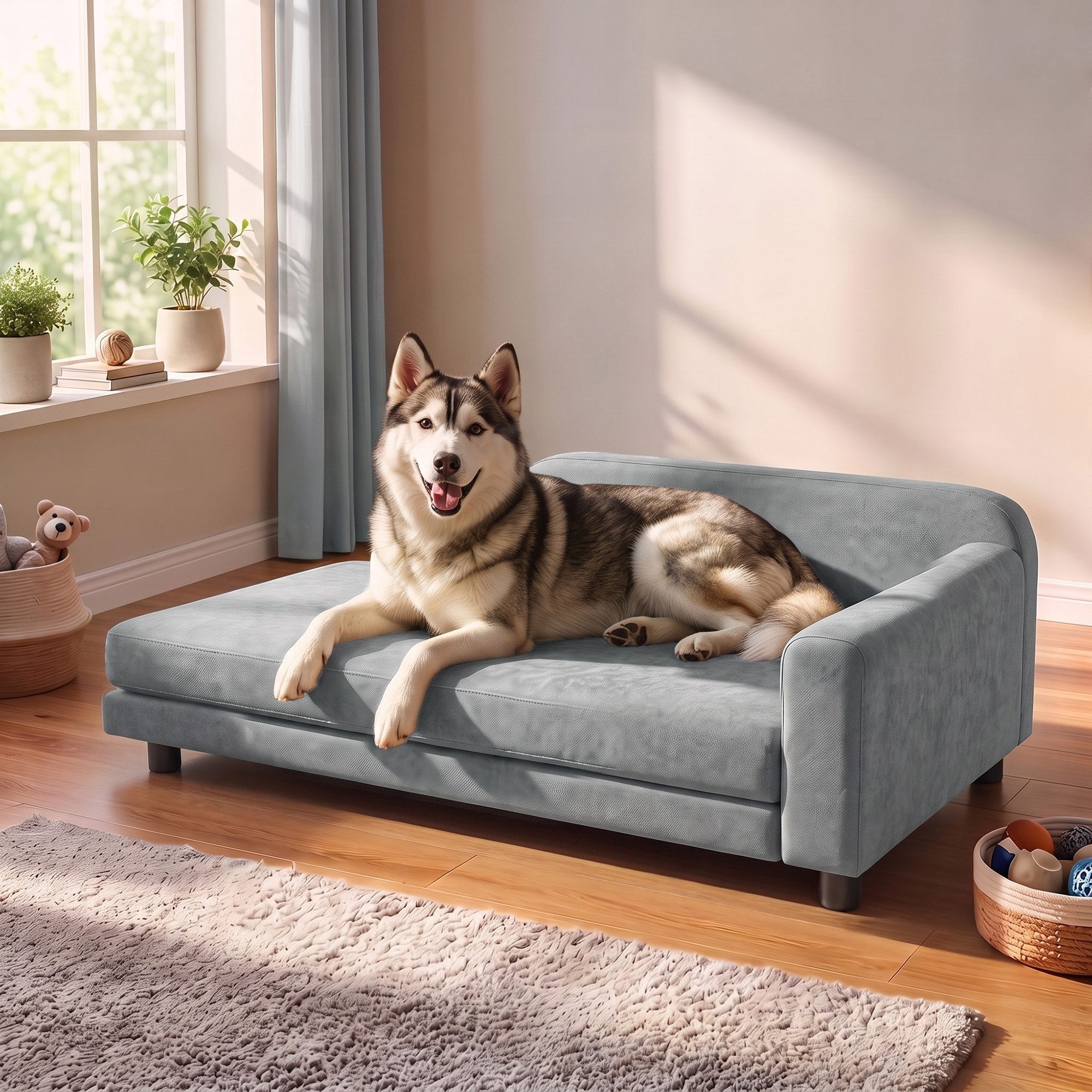 PawHut Tierbett Hundesofa XL erhöhtes Hundebett mit Rückenlehne Abnehmbar Kissen, Samt, für große Hunde unter 35 kg 101 x 66 x 34,5 cm Grau
