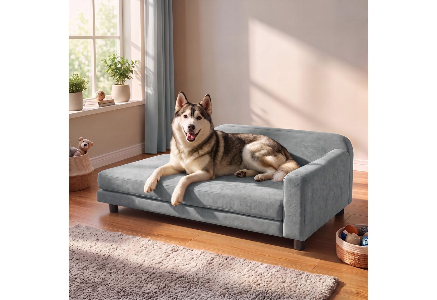PawHut Tierbett Hundesofa XL erhöhtes Hundebett mit Rückenlehne Abnehmbar Kissen, Samt, für große Hunde unter 35 kg 101 x 66 x 34,5 cm Grau