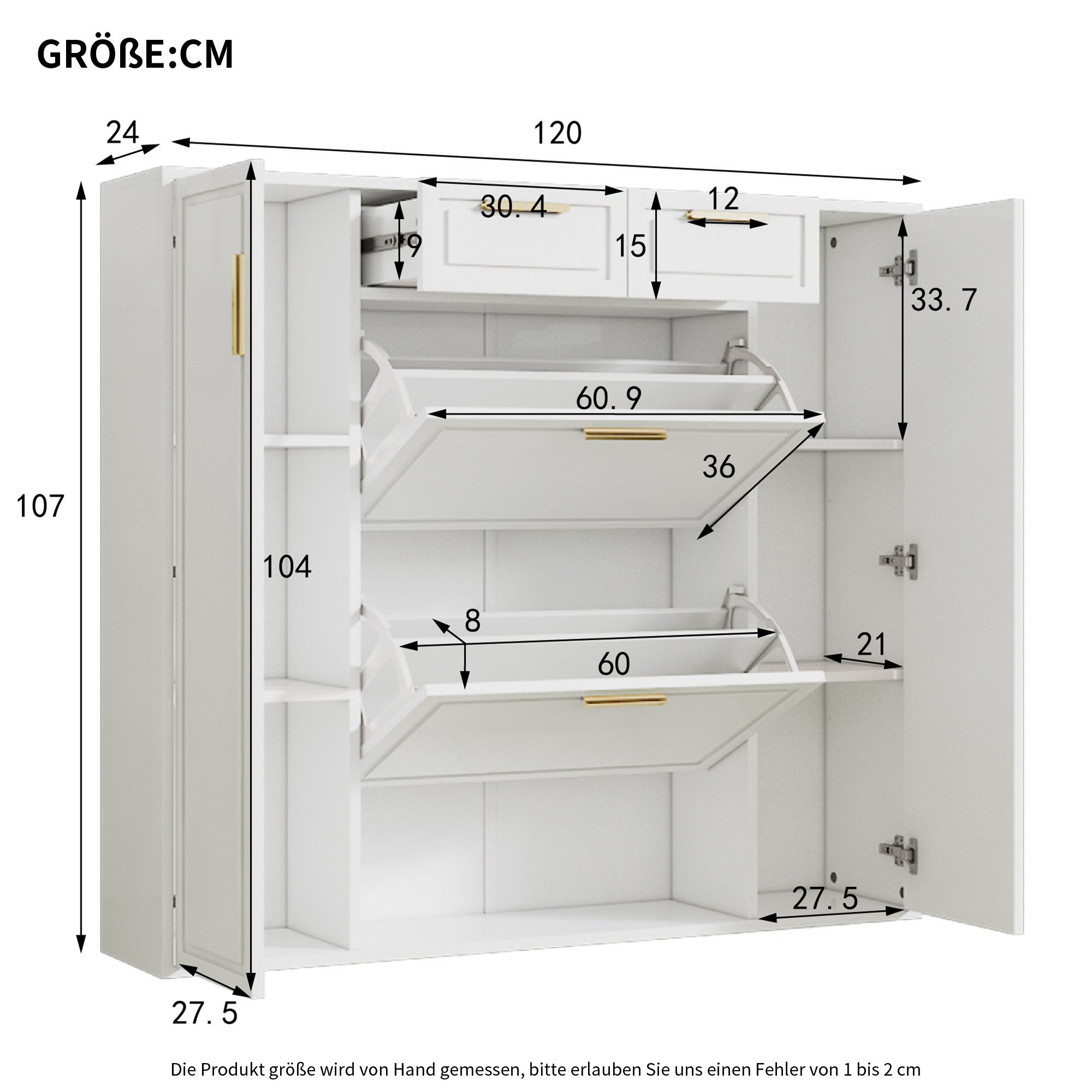 Odikalo Schuhschrank Schuhkommode Klappschuhschrank mit Schubladen B120/T24/H107CM Weiß – Bild 4 von 5