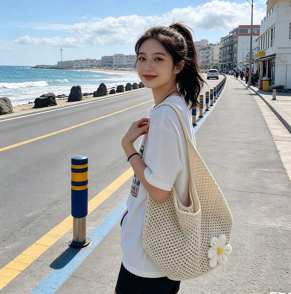 Zaewry Schultertasche Häkel-Strandtasche für Damen,vielseitig und perfekt für den Alltag, große Tote, gewebte Handtasche mit Blumenstickerei, Netz-Strandtasche