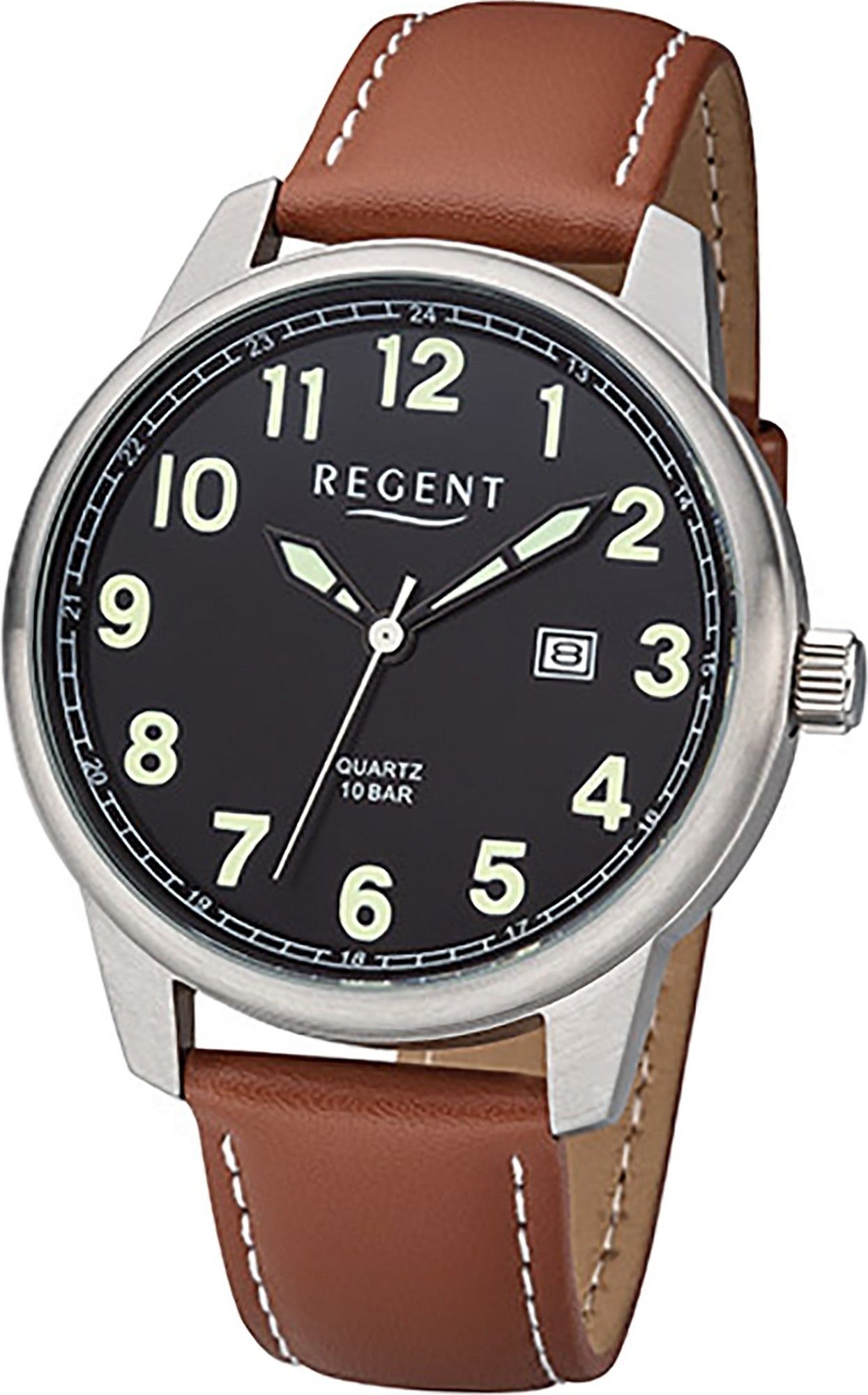 Regent Quarzuhr Regent Leder Herren Uhr F-1239 Analog, Herrenuhr Lederarmband braun, rundes Gehäuse, groß (ca. 41mm)