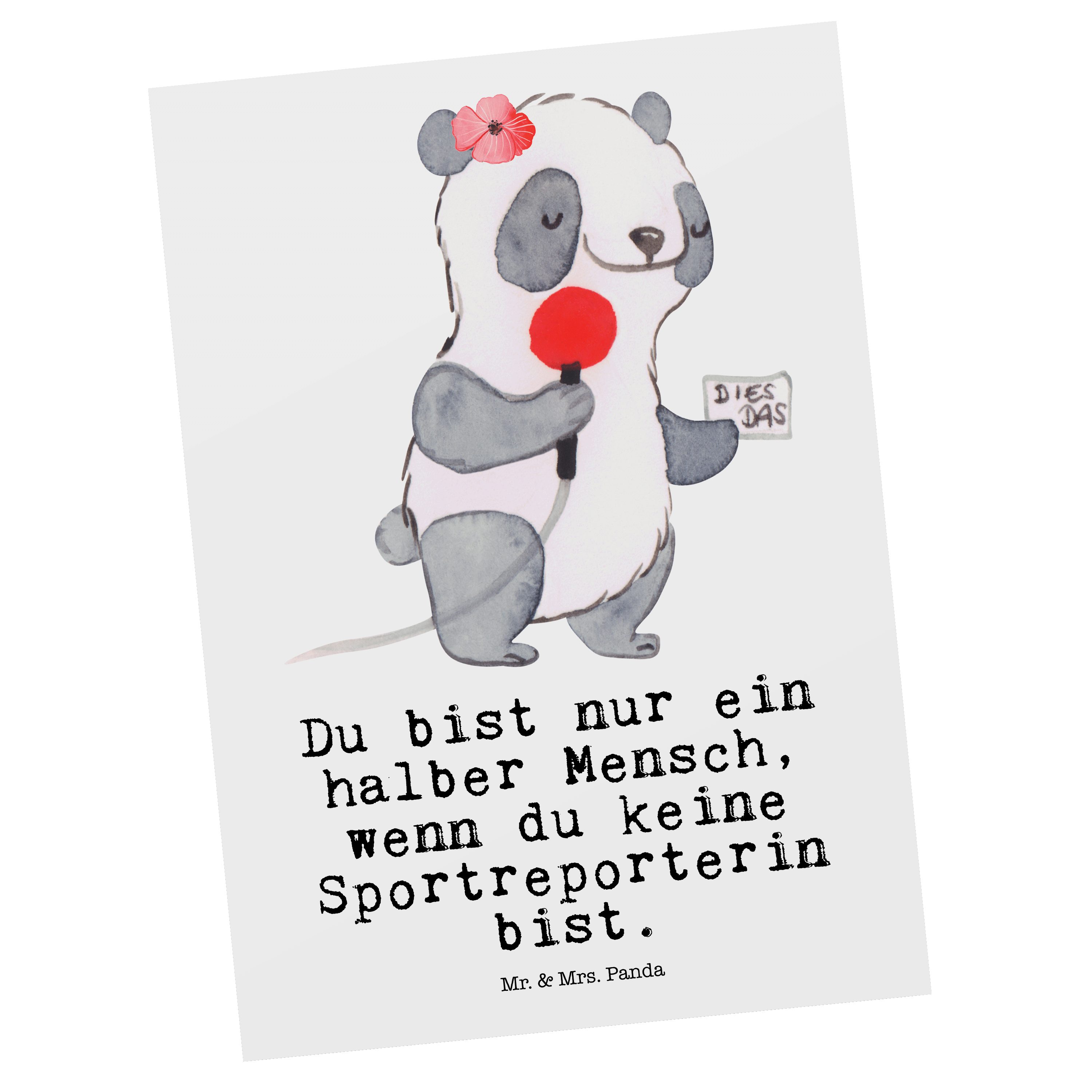 Mr. & Mrs. Panda Postkarte Sportreporterin mit Herz - Weiß - Geschenk, Dankeskarte, Grußkarte, A