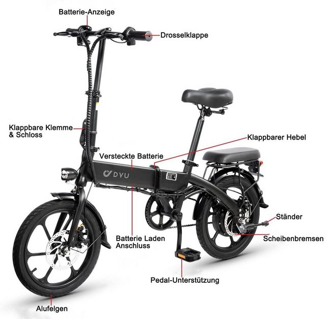 ombar E-Bike Elektrofahrrad für Herren und Damen,16 Zoll Fahrrad Elektro Klappbar, 270,00 Wh AKKU, (1 tlg), 36V 7.5Ah Smartes E-Bike,3 Fahrmodi,Nacht Lichter,Pedal-Assist