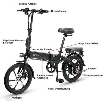 ombar E-Bike 16 Zoll 250W Bürstenlose Motor, 270 Wh Akku, Elektrofahrrad Klapprad, (1 tlg), mit abnehmbarem Einkaufs-Fahrradkorb