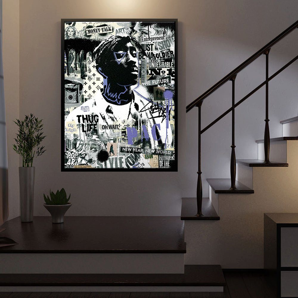 - Rahmen - Premium Streetart Tupac weißer Motivationsbild Leinwandbild, DOTCOMCANVAS®