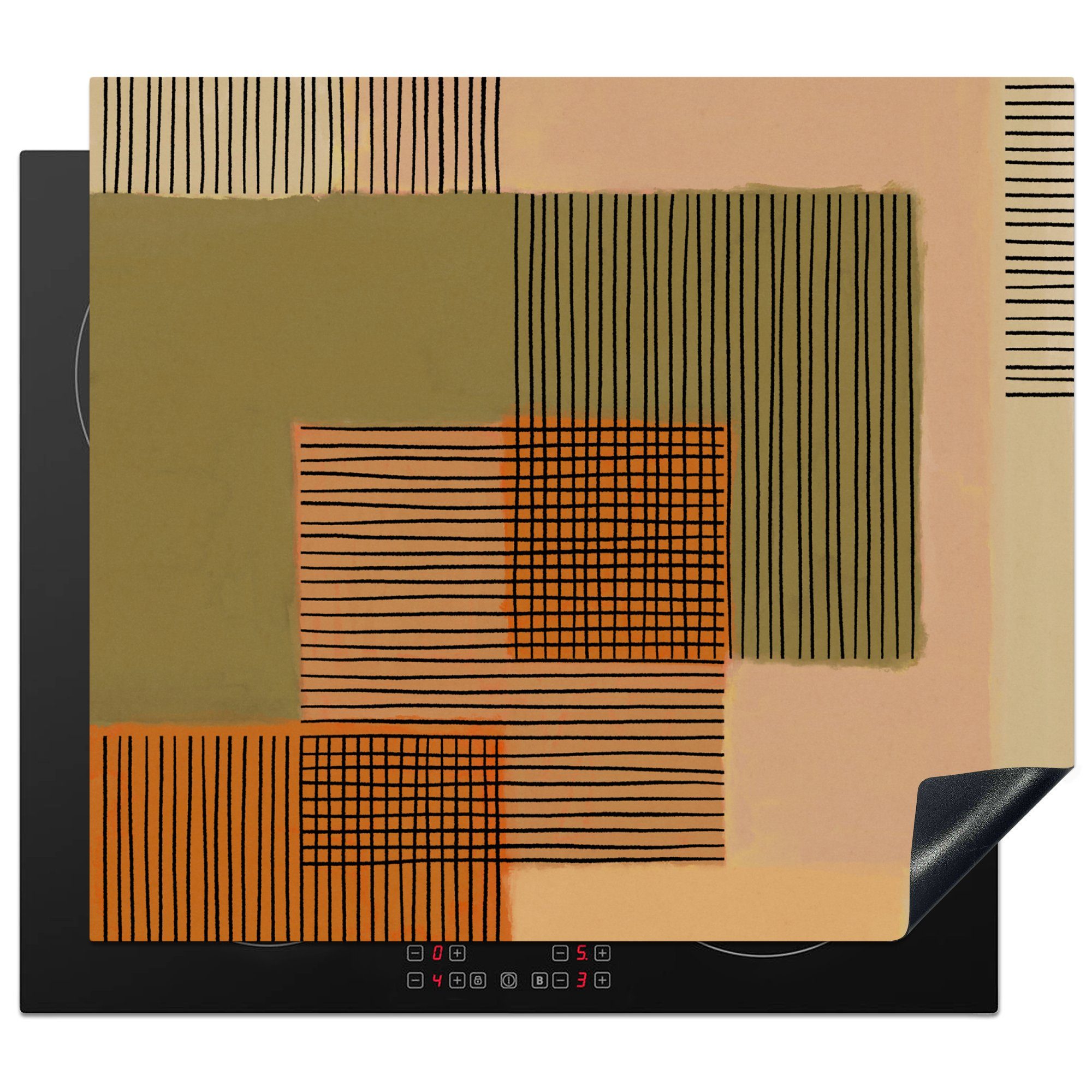 MuchoWow Herdblende-/Abdeckplatte Abstrakt - Linien - Würfel - Patchwork, Vinyl, (1 tlg), 60x52 cm, Mobile Arbeitsfläche nutzbar, Ceranfeldabdeckung