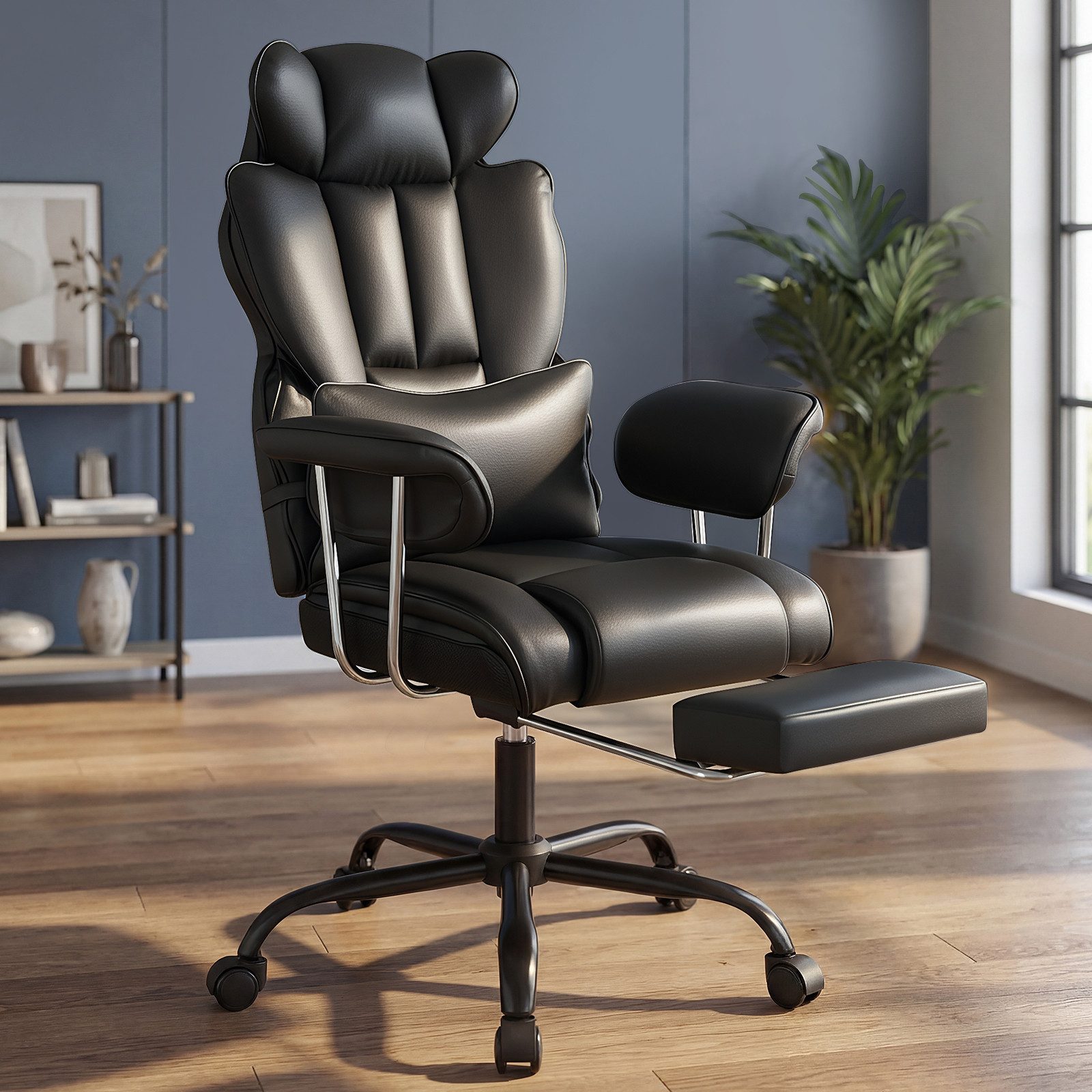 oyajia Chefsessel Ergonomischer Bürostuhl, Höhenverstellbar Schreibtischstuhl (Bürostuhl 200 kg mit Fußstütze und Lendenwirbelstütze), 135° neigbar, für Wohnzimmer, Büro