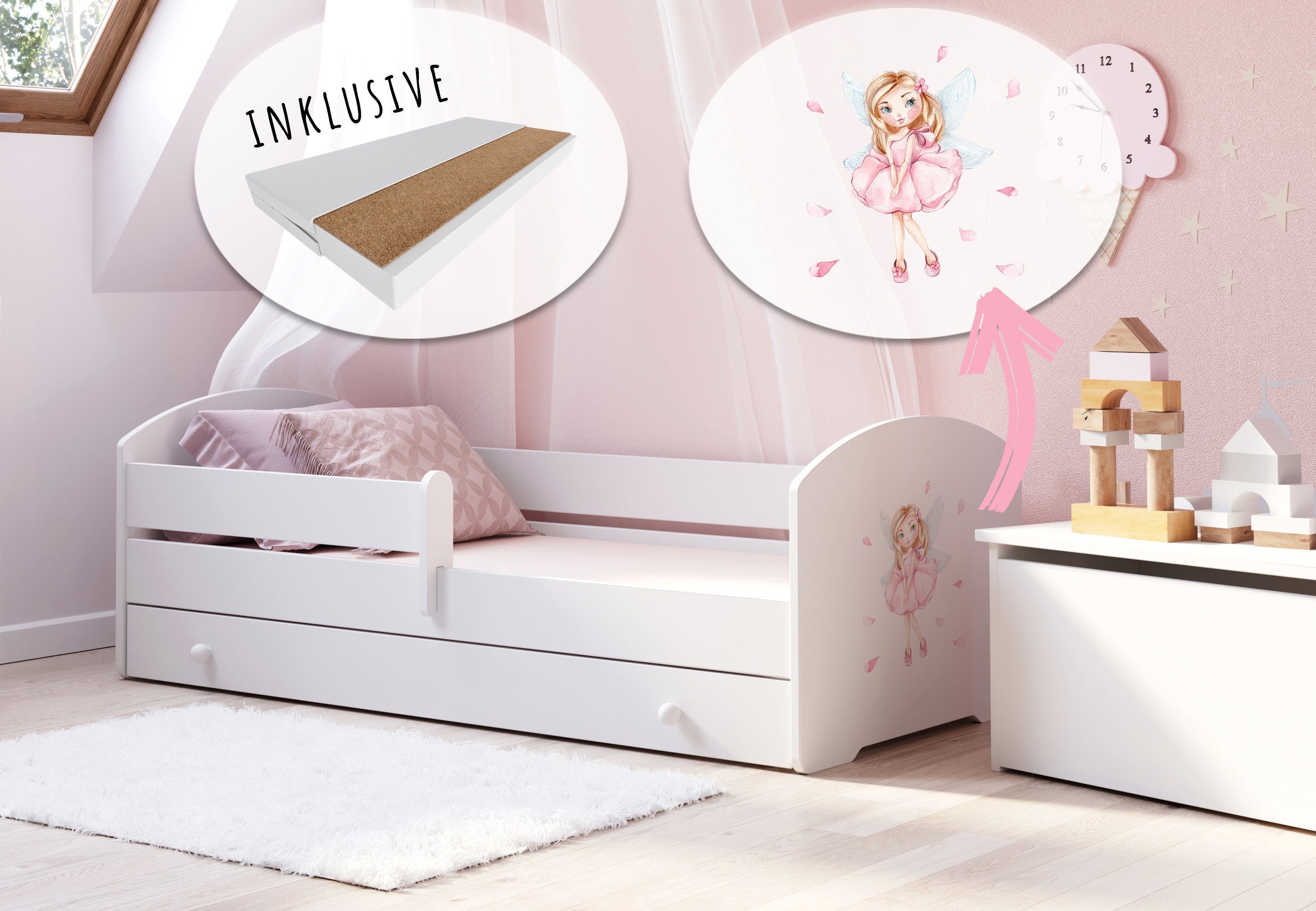 Kinderbett Komplettbett 70x140 cm, 80x160 cm mit Matratze und Schublade
