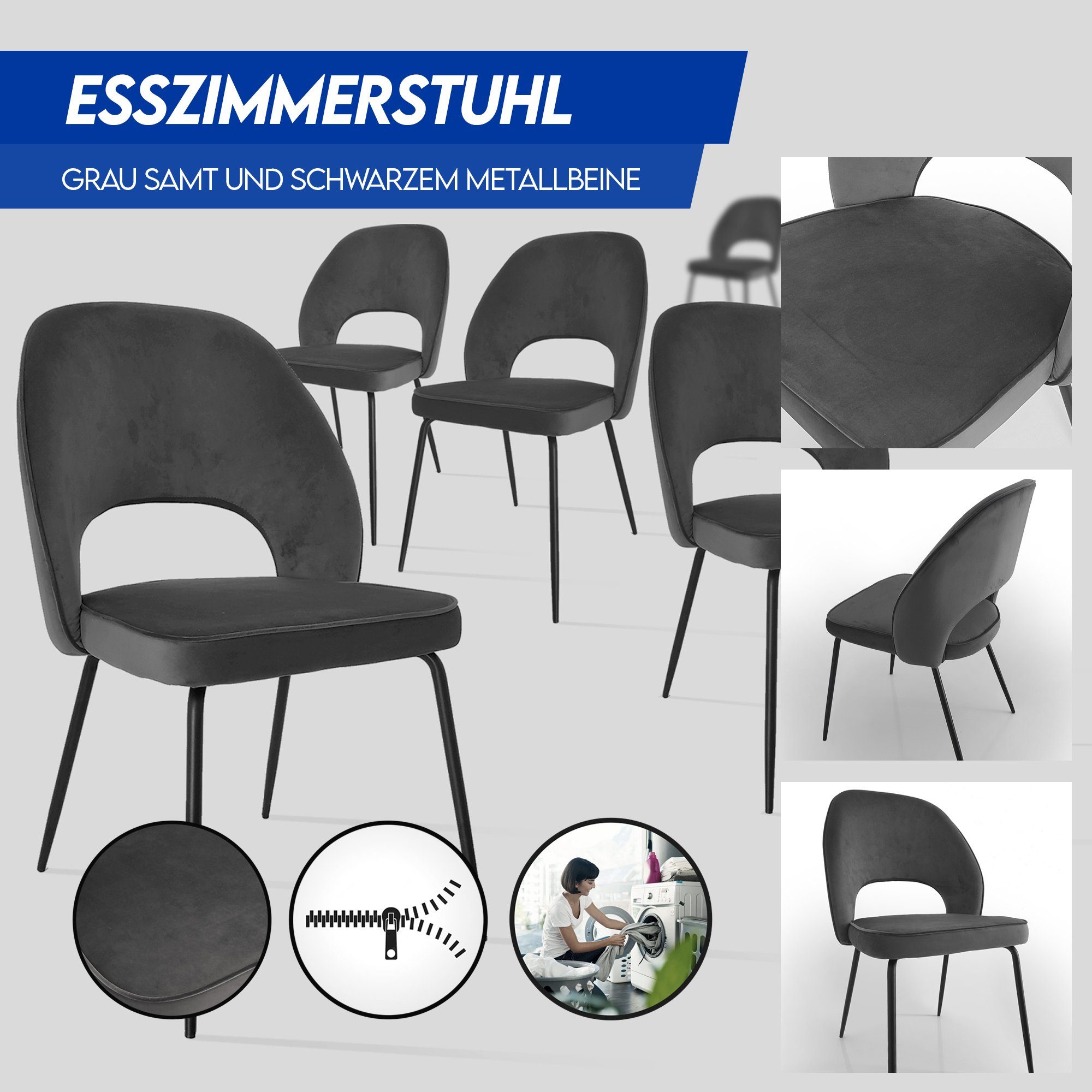 DM-Handel Esszimmerstuhl Küchenstuhl Polsterstuhl Grau (Spar Set, mit Rücklehne, Samtbezug, Küchenstuhl, 2 St), 2-er Set aus Sperrholz mit Metallbeinen